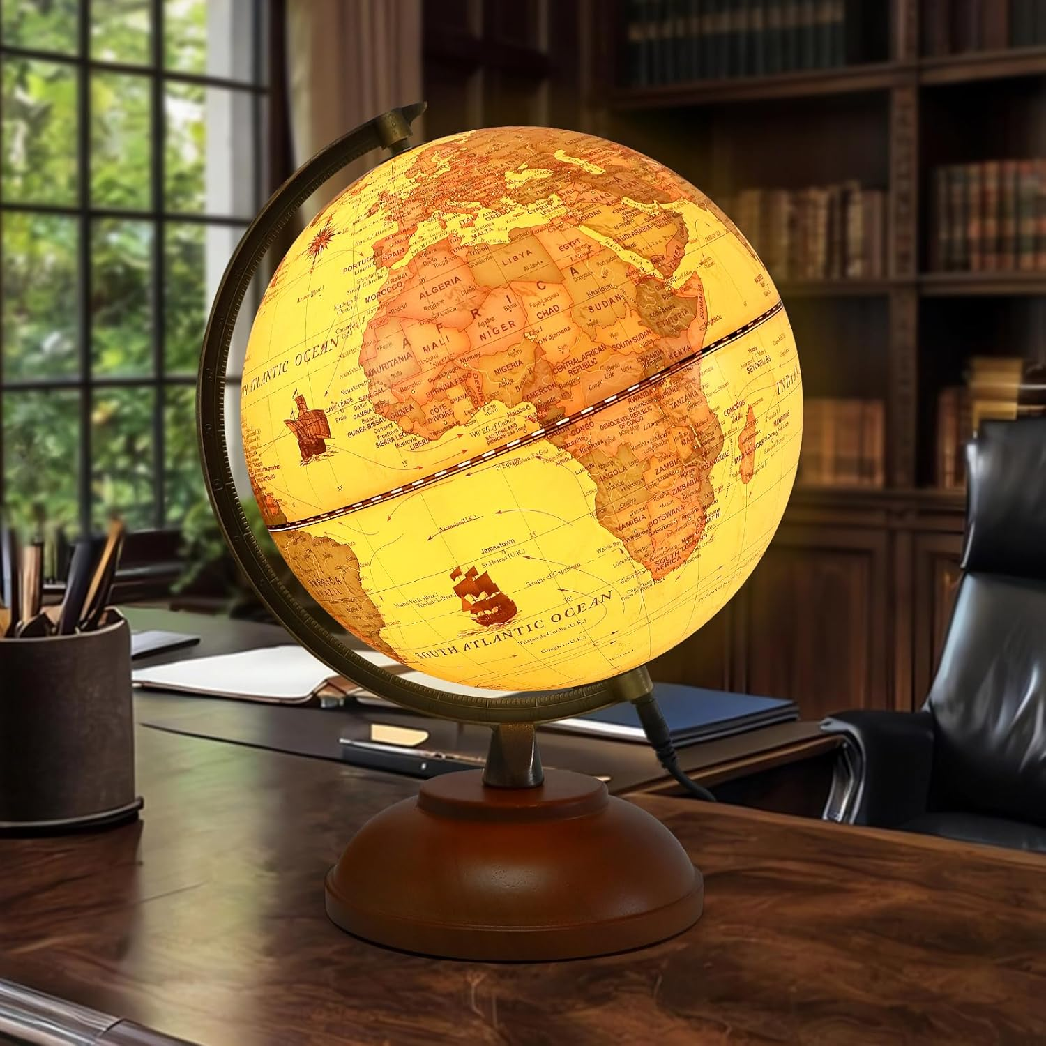 Illuminated Globe of the World with Wooden Stand, 8'' Vintage World Globe Built