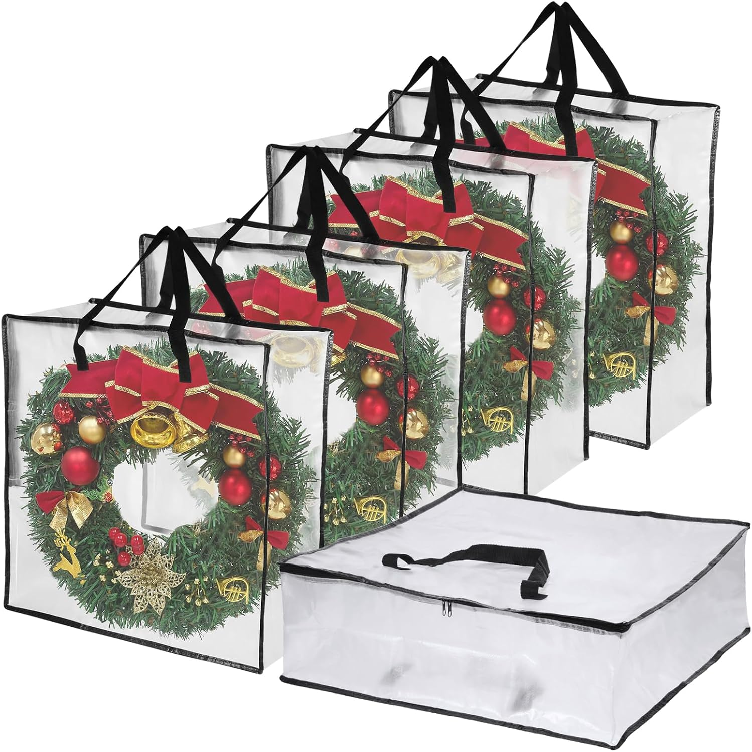 5 Pack Clear Christmas Wreath Storage Container, 26" Large Plastic Garland Container, Large Square Gift Bag Storage Organizer, Garland Decor Organizer, Clear Storage Bags for Xmas Seasonal Wreath