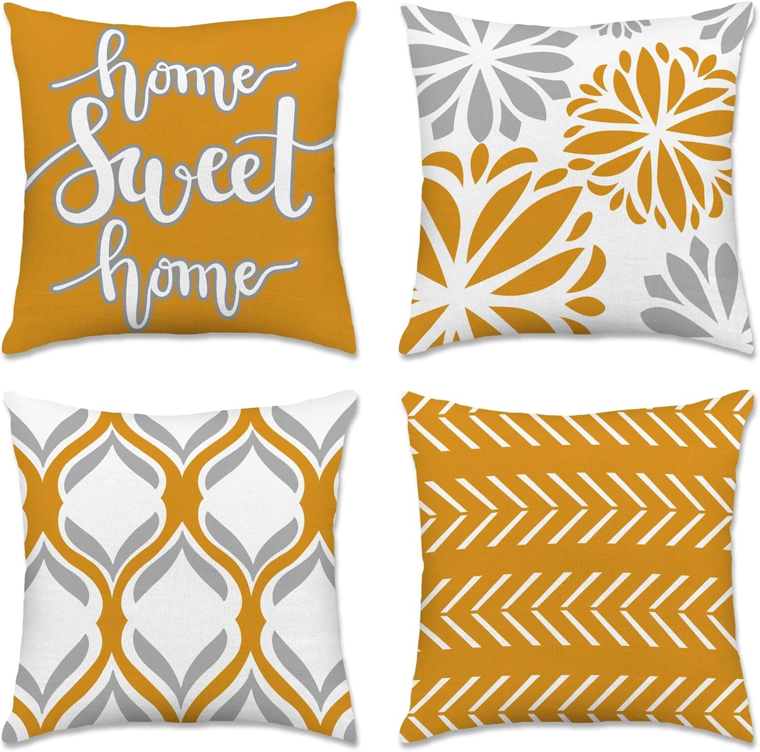 Yellow Pillow Covers 18 X 18 Inch Set of 4, Modern Sofa Couch Decorative Yellow and Gray Throw Pillow Cover, Linen Geometric Outdoor Pillow Case for Patio Furniture, Boho Yellow Home Decor Cute