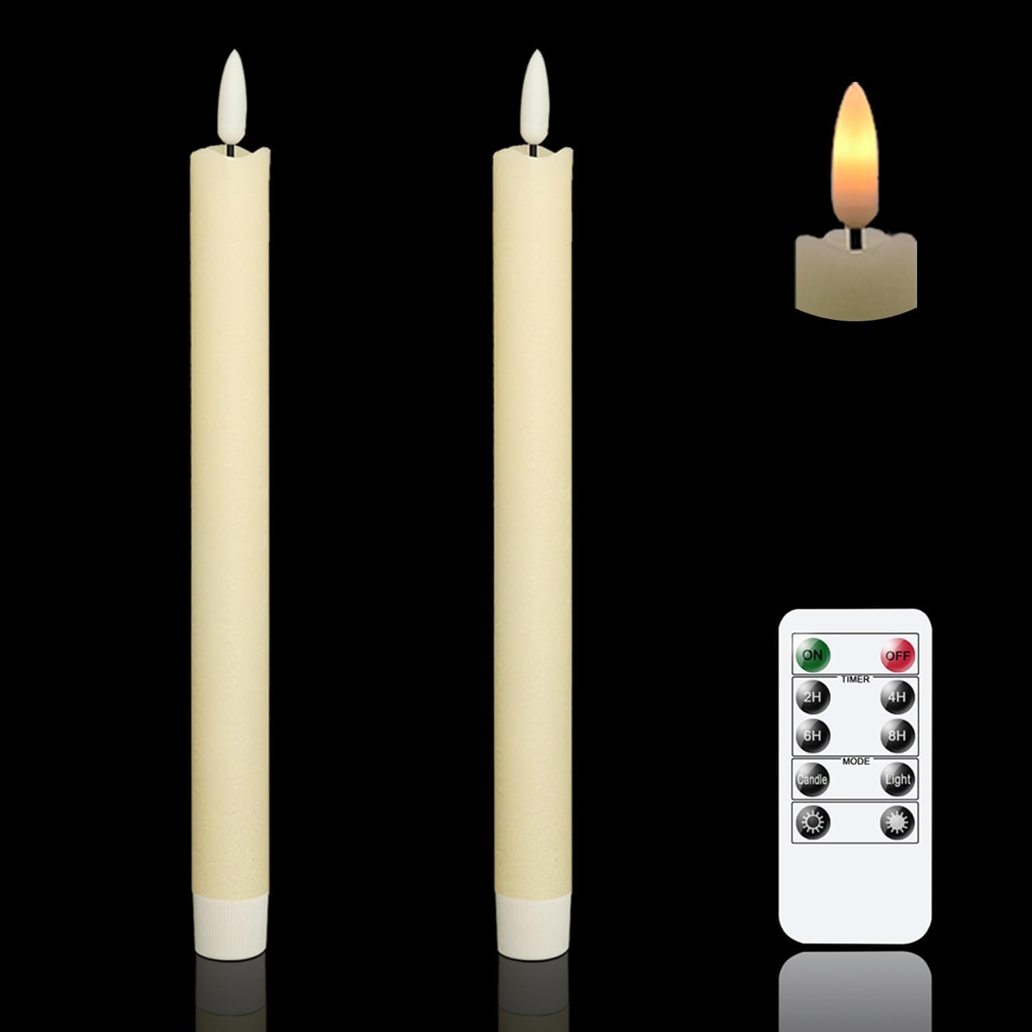 Genswin LED Taper Candles Flickering with Remote Timer, Battery Operated Taper Flameless Candles with 3D Wick Real Wax Window Candlesticks Pack of 2 for Home Wedding Decor(Ivory, 0.78 X 9.64 Inch)