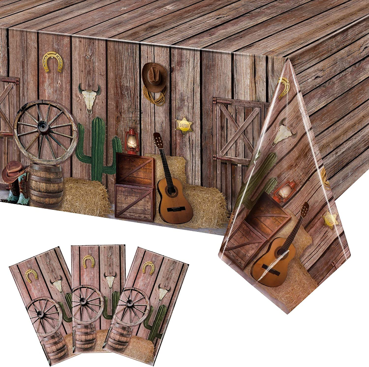 3 Pcs Western Party Tablecloth Western Cowboy Table Cover Cowboy Theme Plastic Tablecloth Wild West Wooden House Barn Door Table Cover for Baby Shower Birthday Party