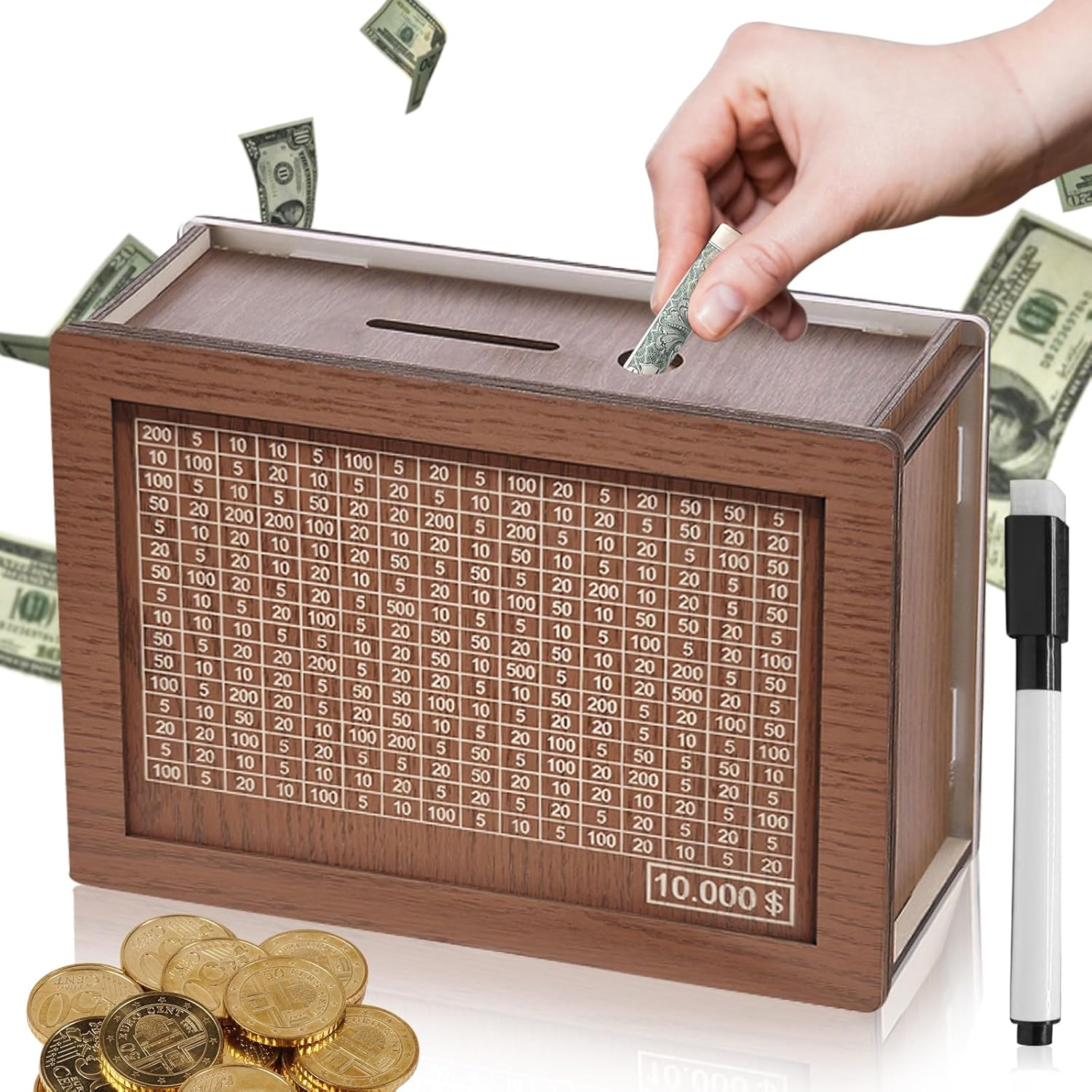 Cash Vault Wooden Savings Box,Wooden Cash Saver Money Box,Wooden Piggy Bank Coin Bank with Counting Target,Wooden Coin Bank for Boys and Girls, , Best Gift for Friends, 002145
