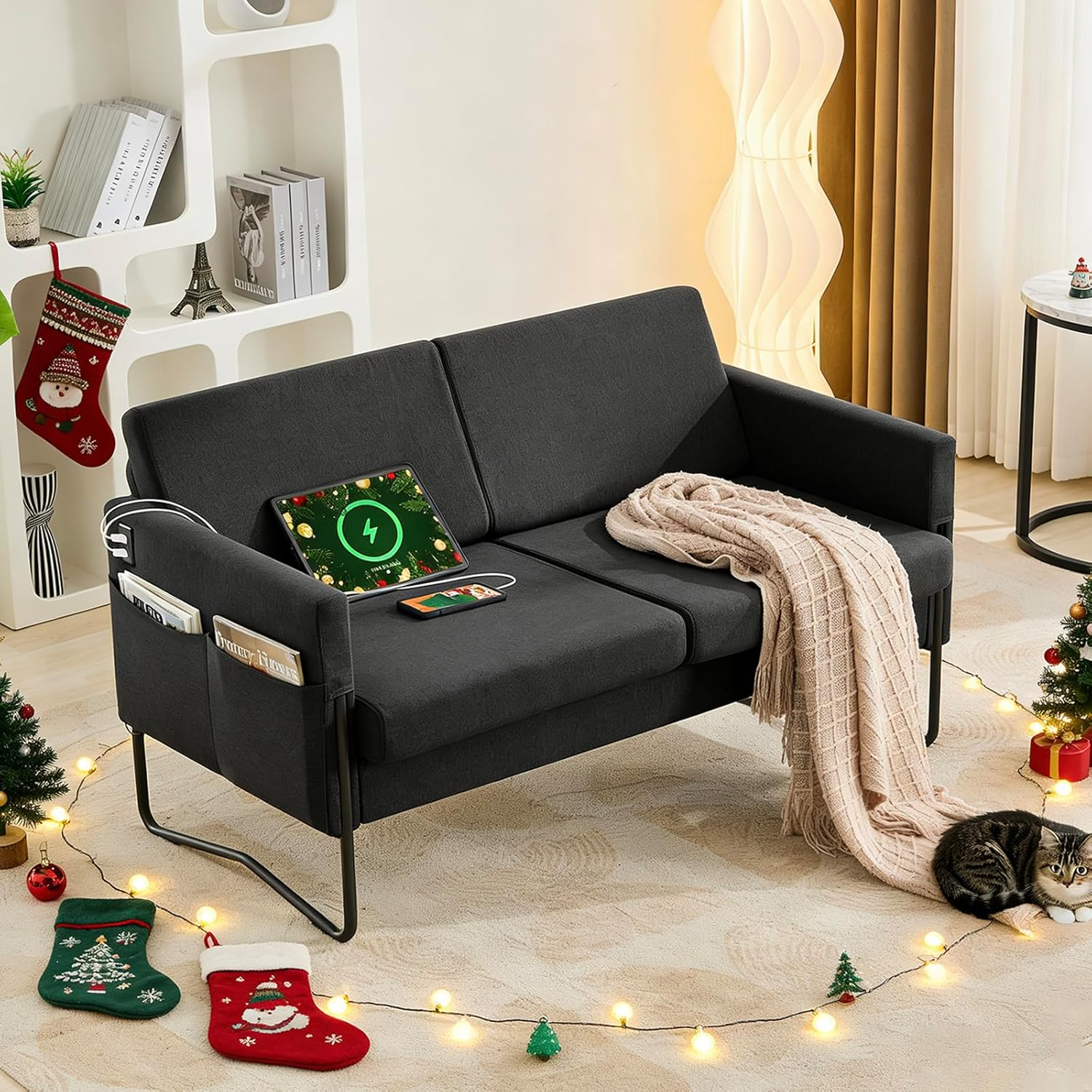 STHOUYN 51” Small Loveseat Sofa for Small Spaces, Comfy Black Couch with 2 USB Ports, Modern 2 Person Loveseats for Living Room Bedroom, Mini Teen Office Couch (Black)