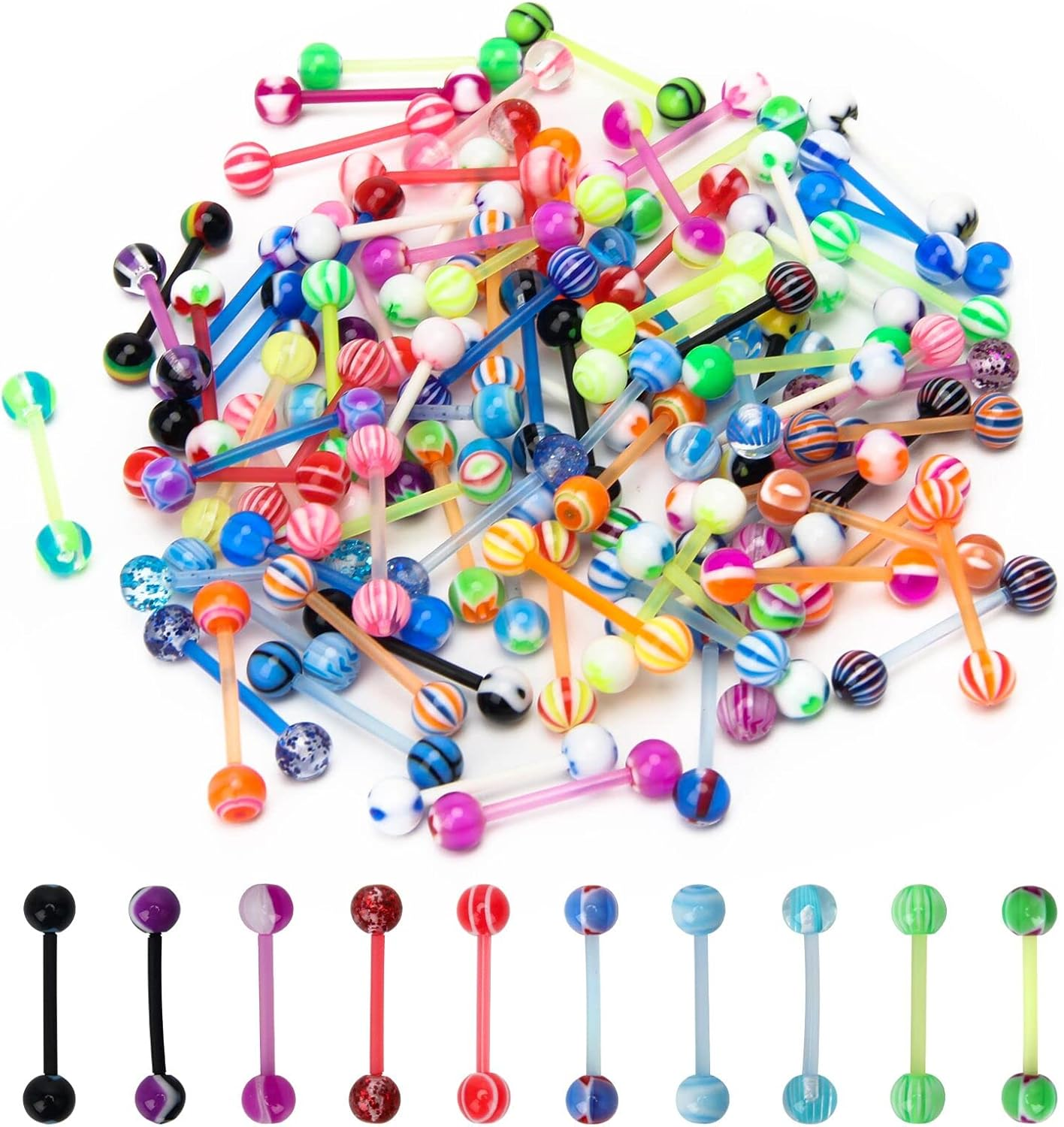 100Pcs 14G Acrylic Tongue Rings, Multi Color Assortment Flexible Tongue Rings Barbells Mix Piercing