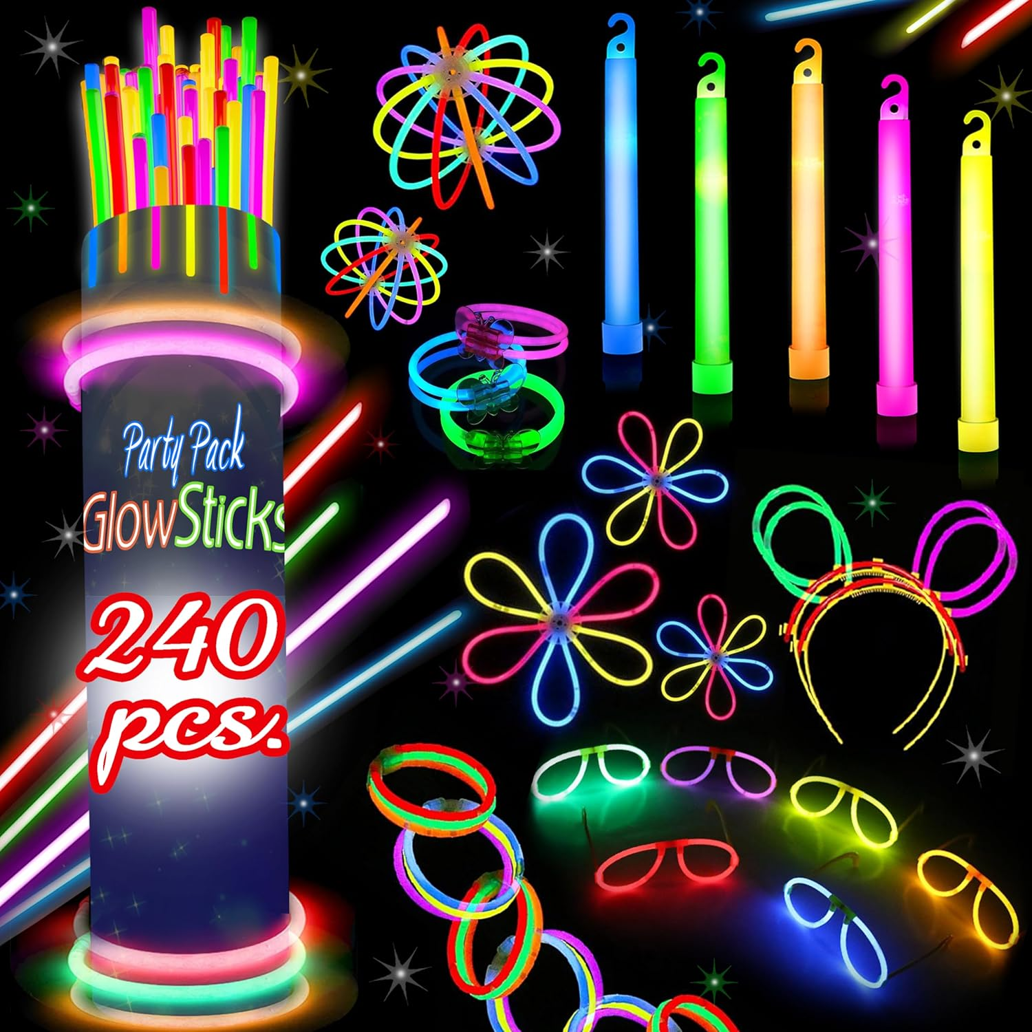 240 Glow Sticks Party Pack – Camping Glow Activities for Families – Neon Light Sticks Decoration for Party Favors Kids and Adults, Balls, Flowers and Much More