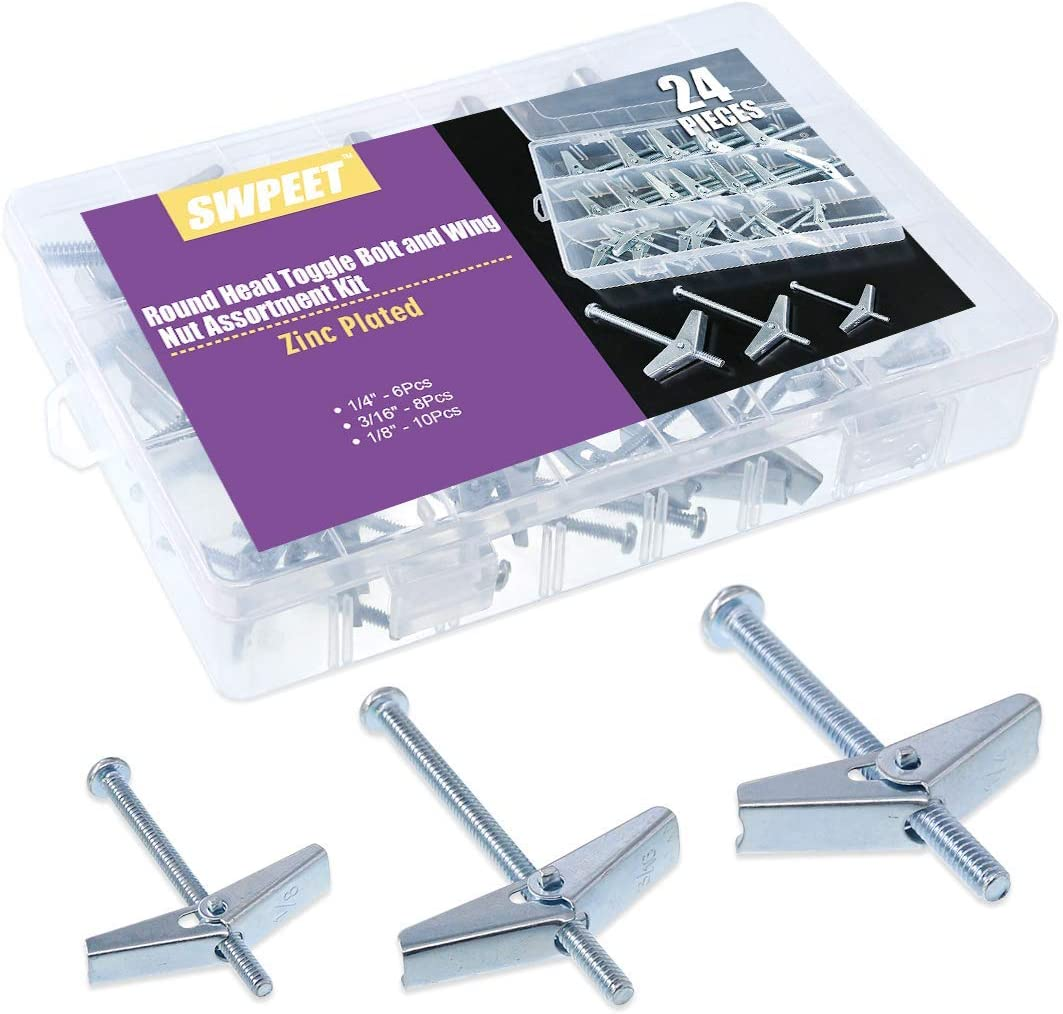 Assorted 24 Pcs Toggle Bolt and Wing Nut for Hanging Heavy Items on Drywall - 1/8 inch, 3/16Inch, 1/4Inch