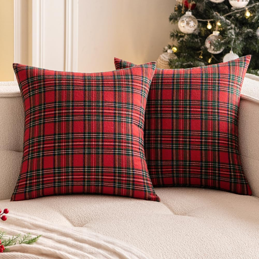 Christmas Set of 2 Scottish Tartan Throw Pillow Covers Farmhouse Classic Plaid Decorative Couch Pillows Home Decor for Sofa Living Room Bed 18X18 Inch, Red