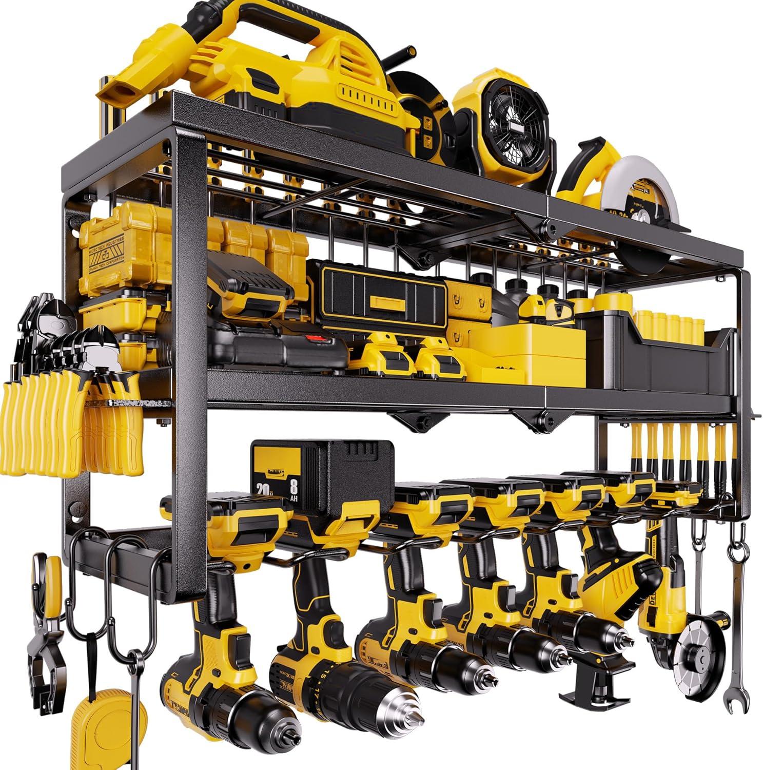 Heavy Duty Power Tool Organizer for Wall Mount Garage Storage – 320 Lbs Capacity, 3-Tier Iron Wire Rack with 7 Drill Slots, Shelf for Battery Charging Station – Gift for Dad Handyman