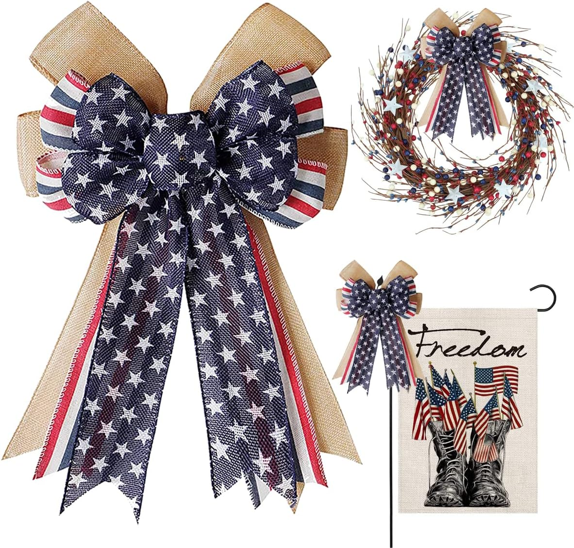Patriotic Decor Bows for Wreaths,Burlap Red White Blue Stripe Stars Tree Topper Bow for 4Th of July,Independence Day,Memorial Day,Veteran'S Day,Front Door Indoor Outdoor Decorations
