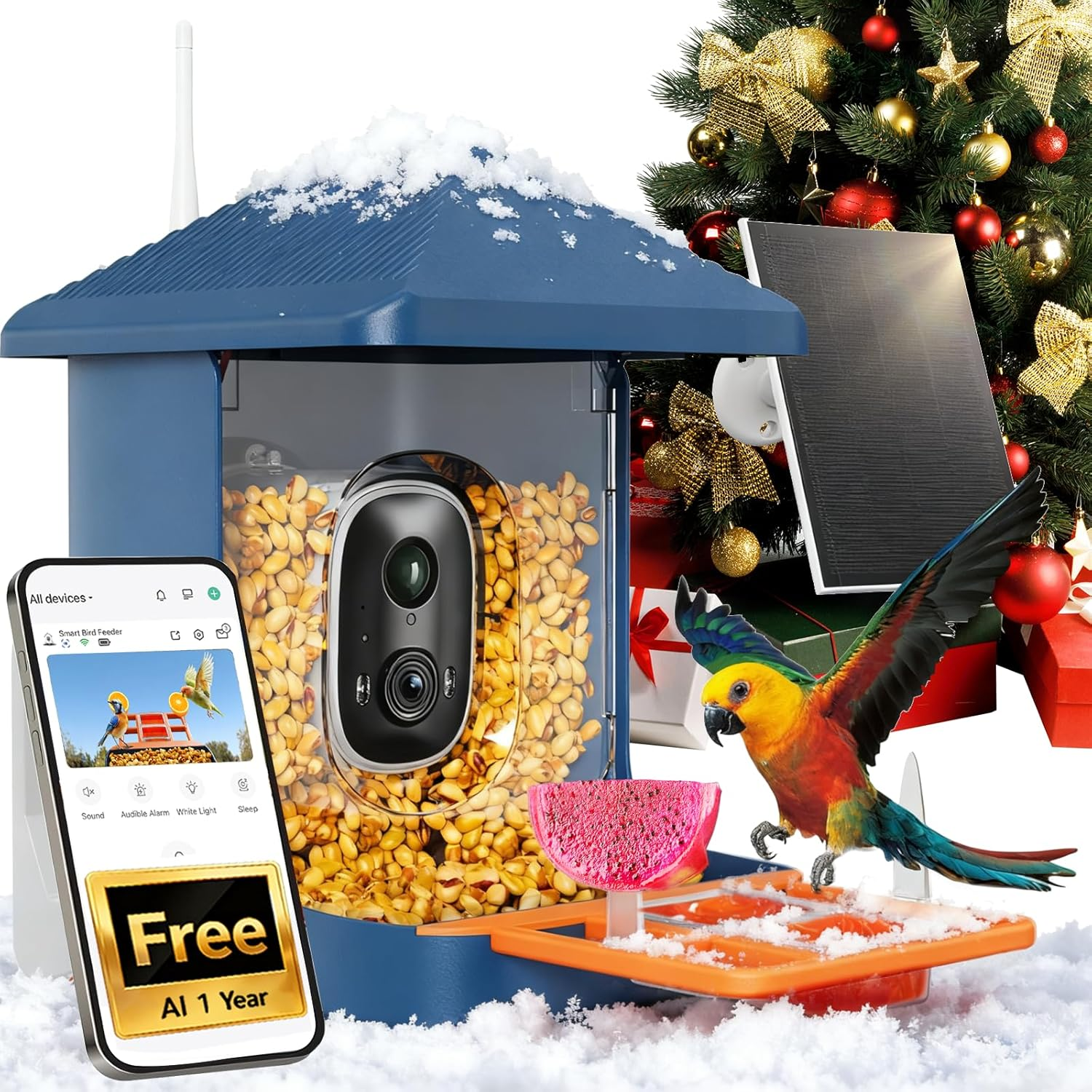 Bird Feeder with Camera 2K, 1 Year Free AI Identify 10,000+ Species 1.8L Birds Feeder Camera Bird Feeders for Outdoors Solar Powered IP65 Instant Alert, Auto Record Video Ideal Gift for Nature Lovers