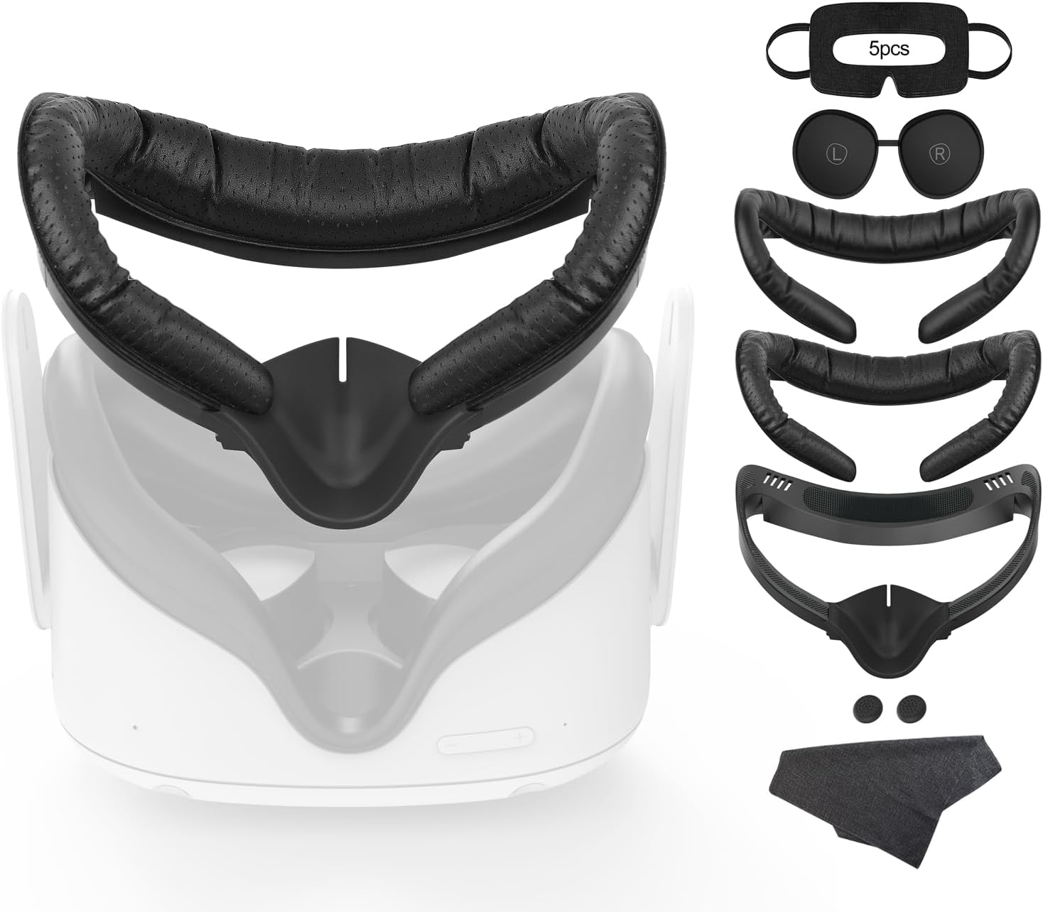 VR Facial Interface for Oculus Quest 2 Face Pad Replacement, 2PCS PU Leather Foam Cushion Pad for Meta Quest 2 with Vr Lens & Thumbstick Covers, 5PCS Disposable Eye Covers