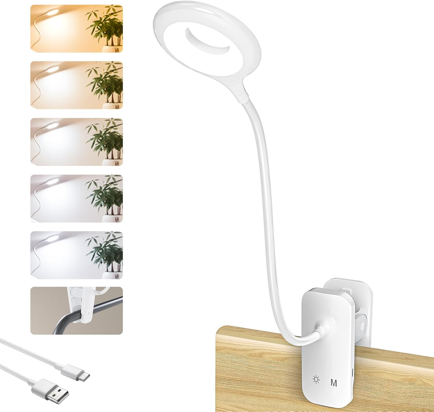 Clip on Reading Light for Bed Headboard, Rechargeable Battery Clamp on Bunk Bed Light, 5 Colors 5 Brightness Flexible Neck Desk Lamp, Eye Protect LED Touch Control Book Lights at Night for Kids