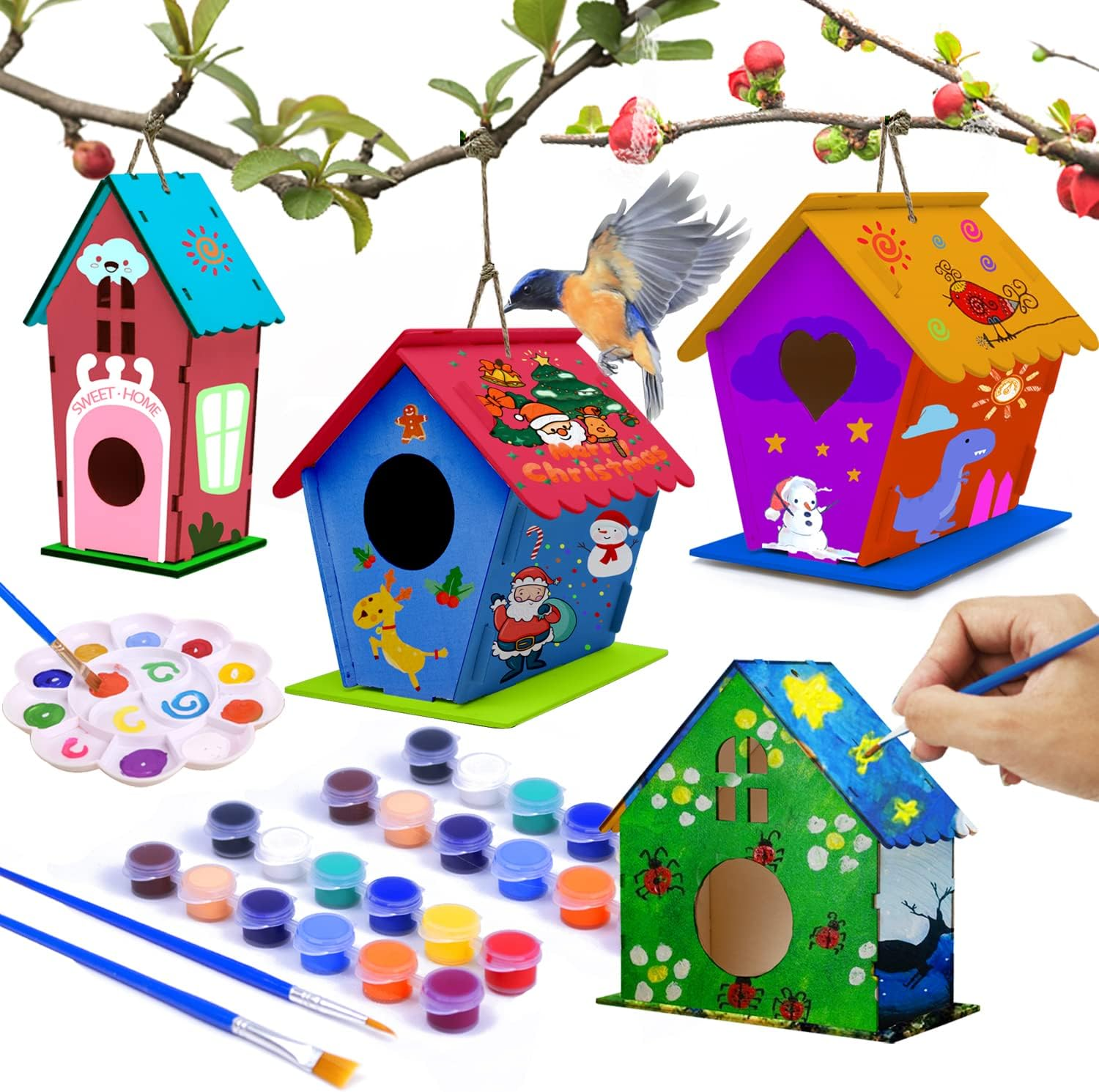 4 Pack Bird House Crafts for Kids Ages 5-8 8-12, Buildable DIY Birdhouse Kit for Children to Build, Summer Arts and Craft Projects with Paint, 3+ Boy Girl Gift for Halloween Christmas