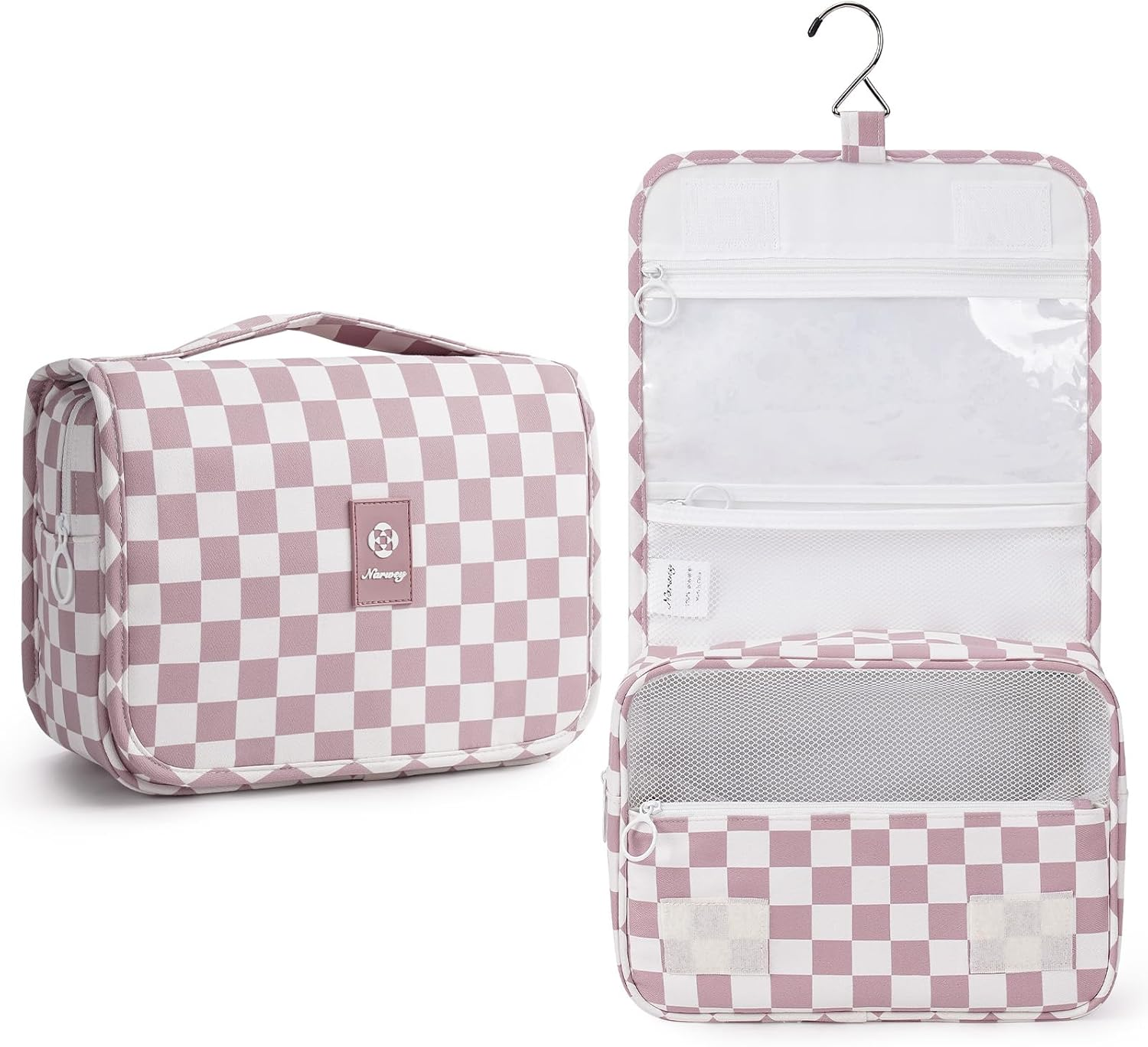 Travel Hanging Toiletry Wash Bag Toiletry Bags for Women Toiletries Bag Washbag Makeup Cosmetic Organizer for Men Girls (Dusty Pink Checkerboard)