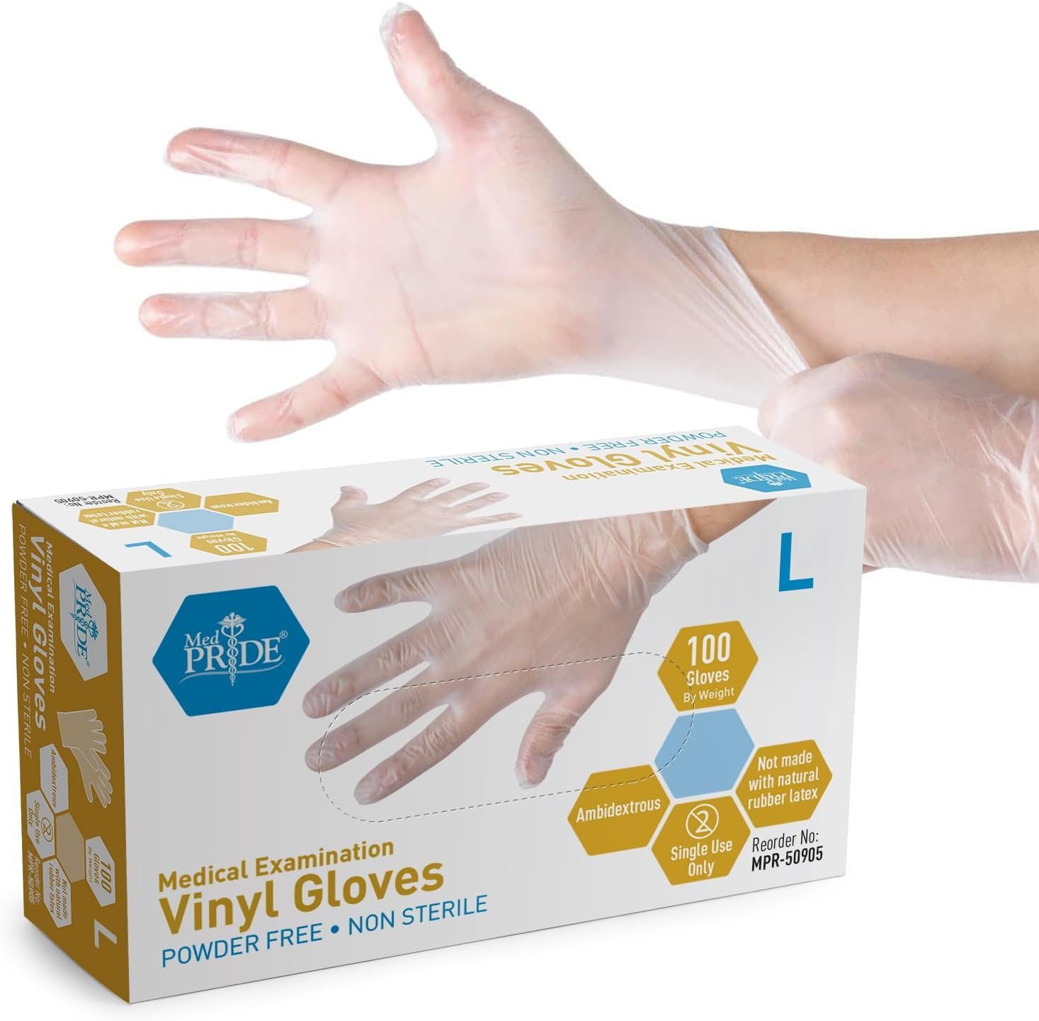 MED PRIDE Medical Vinyl Examination Gloves (Large, 100-Count) Latex & Rubber 