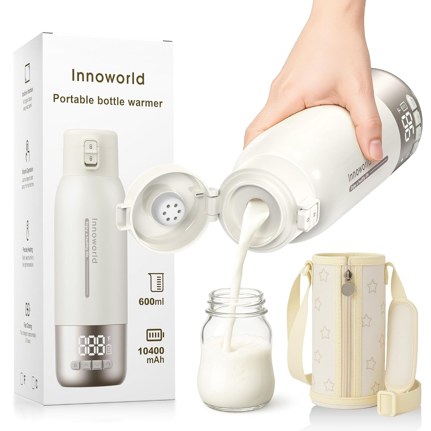 Portable Bottle Warmer for Travel, 20 Oz Large Capacity Bottle Warmer on the Go, 10400Mah Long-Lasting Battery&Super Fast Charging in 2.5 Hours, Fast Heating for Breastmilk, Formula, Water