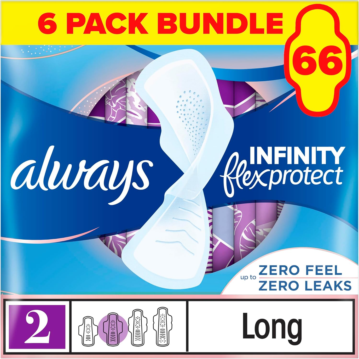 Always Infinity Flexprotect Sanitary Towels, Size 2 Long, 6 Packs of 11 Count, Unscented, for up to Zero Feel & Zero Leaks, Super Absorbent & Flexible Protection