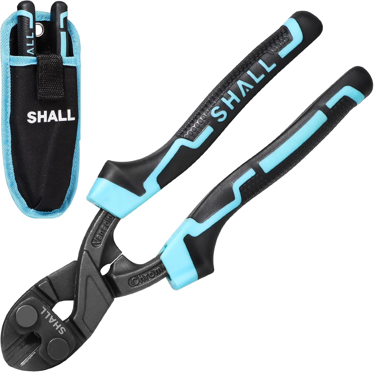 SHALL 8-Inch Mini Bolt Cutter, Small Heavy Duty Wire Cutter, Two-Color Ergonomic Handle, Grip Area for Pulling Nails & Gripping Wires, More Efficient Leverage, Belt Bag Included