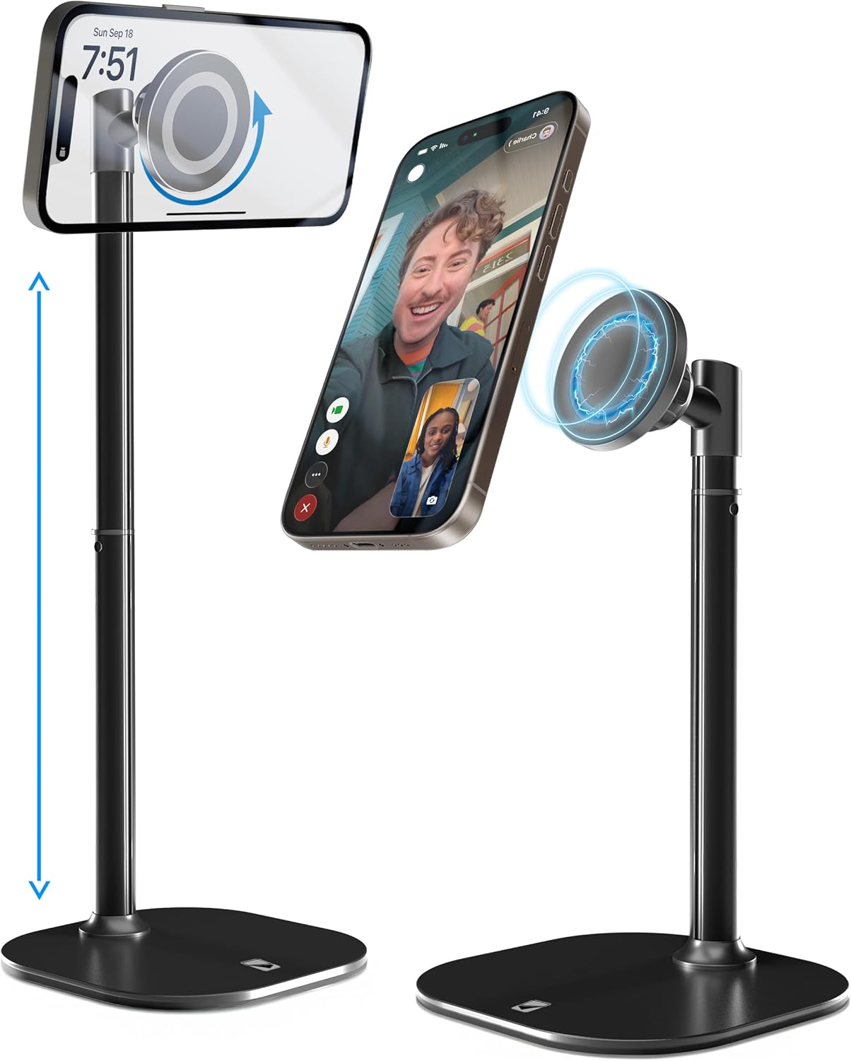 MagStand, Adjustable iPhone Stand for Desk & Video Recording | Tall Magnetic Phone Holder for Desk Compatible with MagSafe, Stand Magnetic Tripod for iPhone 16 Pro Max 15 14 13 12 Plus (Black)