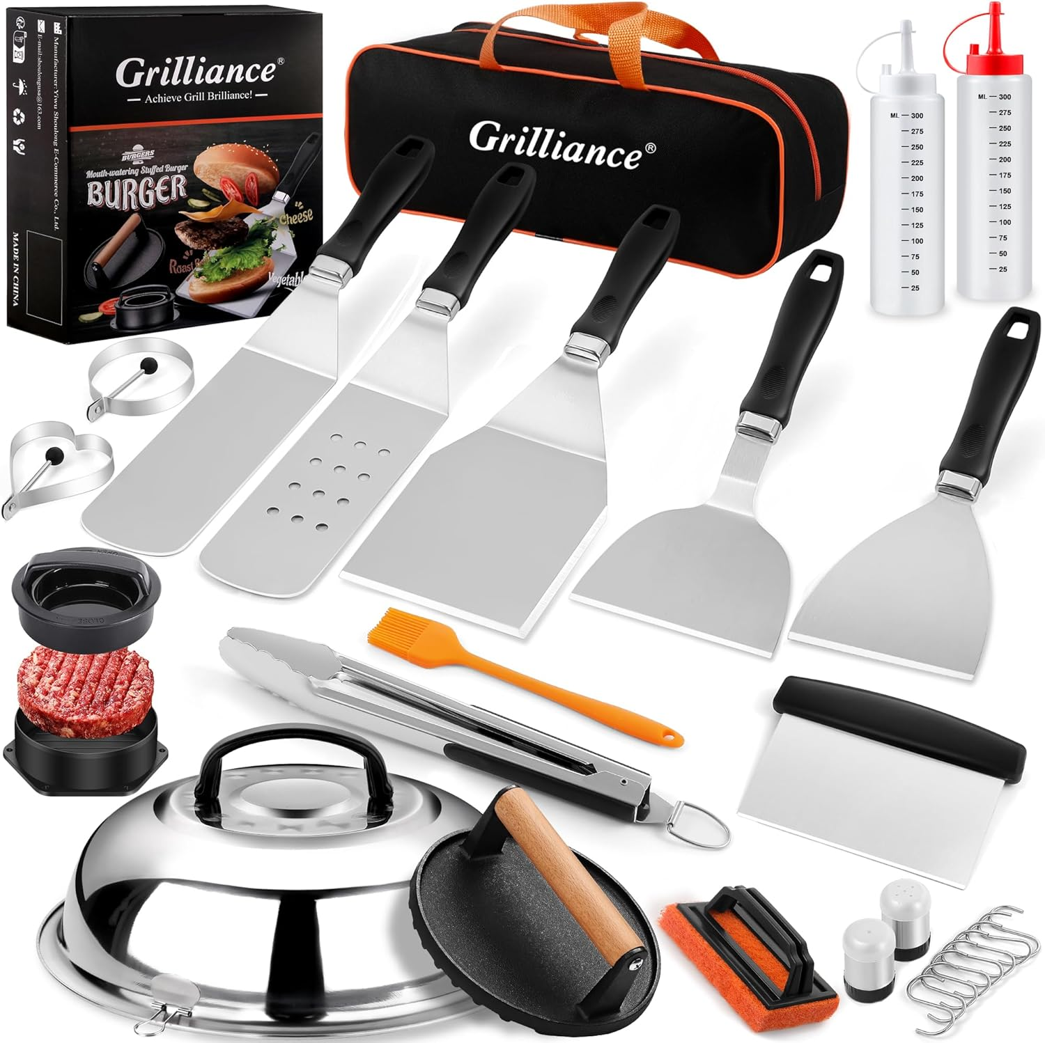 27pcs Griddle Accessories Kit for Blackstone, Professional Hibachi Flat Top Grill Tools, Enlarged Spatula Gift Set with Basting Cover，Burger Press Patty Maker for Outdoor BBQ Teppanyaki