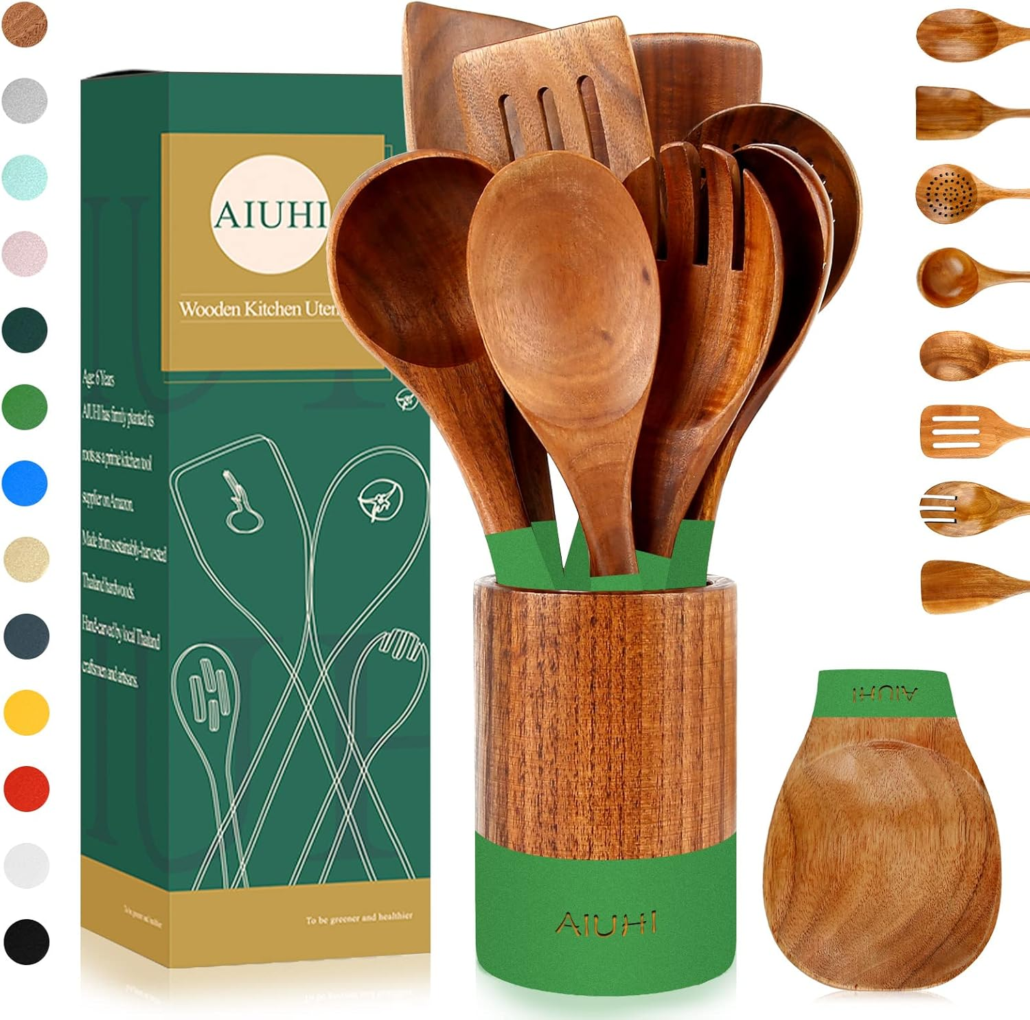 AIUHI 10Pcs Wooden Cooking Utensils for Kitchen with Utensils Holder and Rest,Wooden Kitchen Utensils Set, Teak Wooden Spoons for Cooking Green