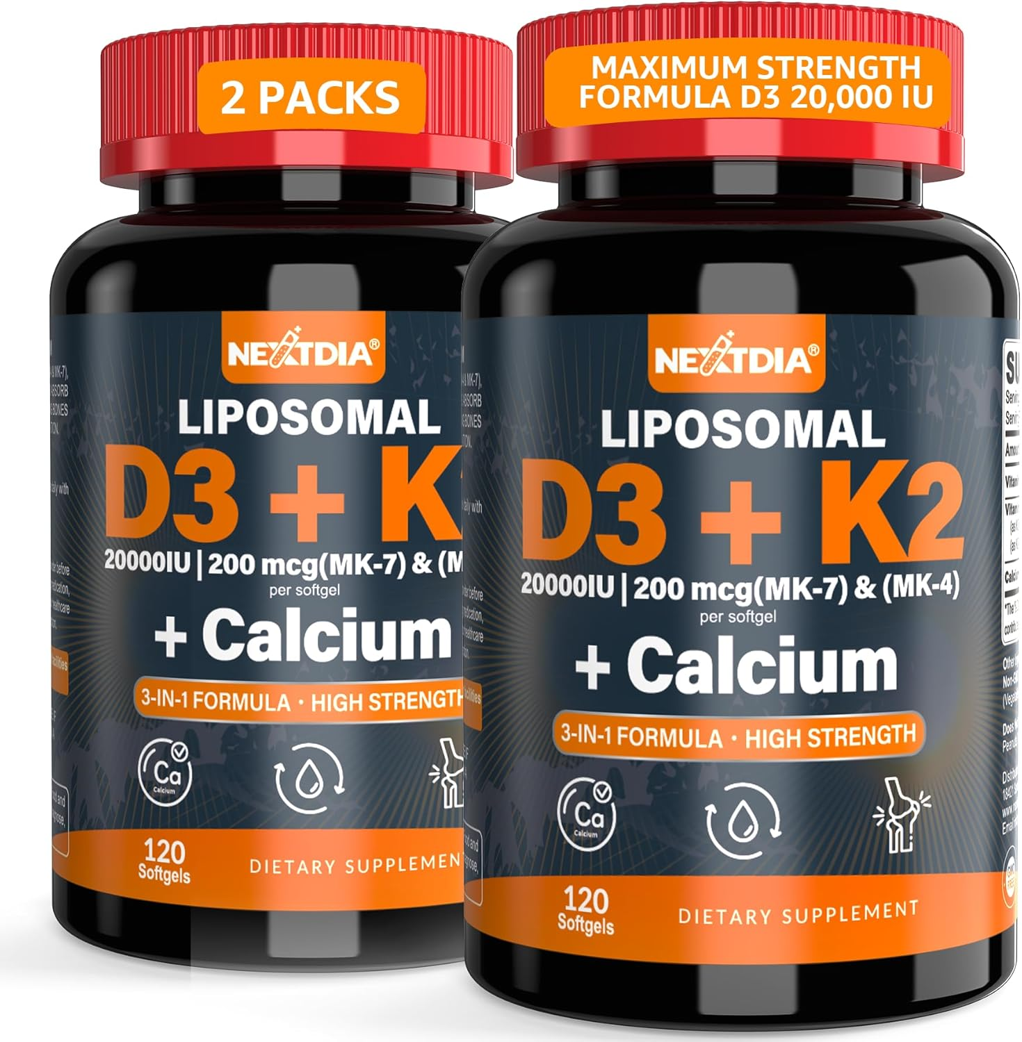 Vitamin D3 20,000 IU + K2 Vitamin (MK4 & MK7) 200Mcg + Calcium Citrate, Optimal Vitamin D3 K2 Softgel - Strong Bone & Muscle, Calcium Absorption, Helping Vitamin D Deficiencies, Easy to Swallow, 2Pack