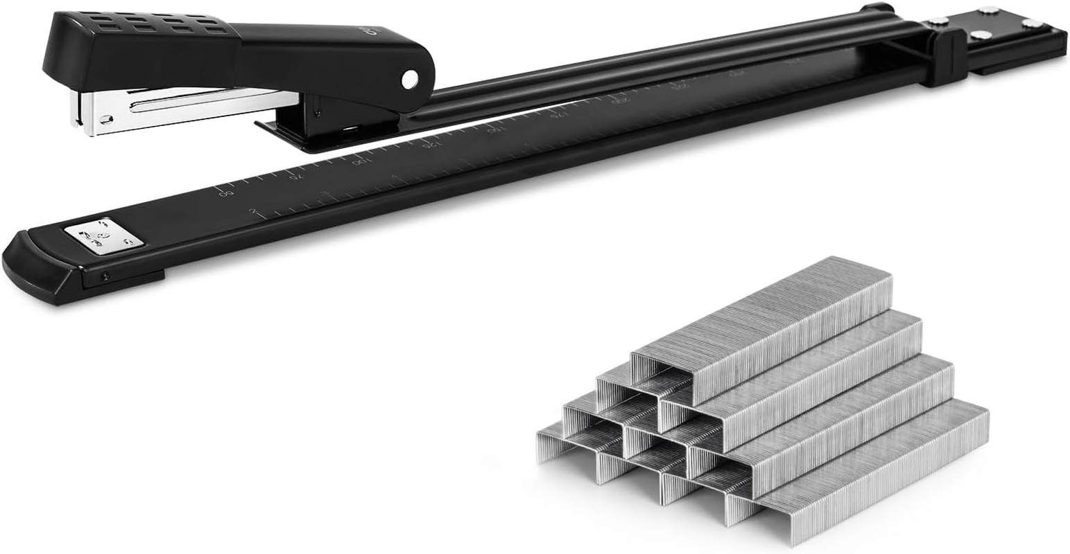 Long Reach Stapler with 1000 Staples, 20 Sheet Capacity, Long Arm Standard Staplers for Booklet or Book Binding, Black