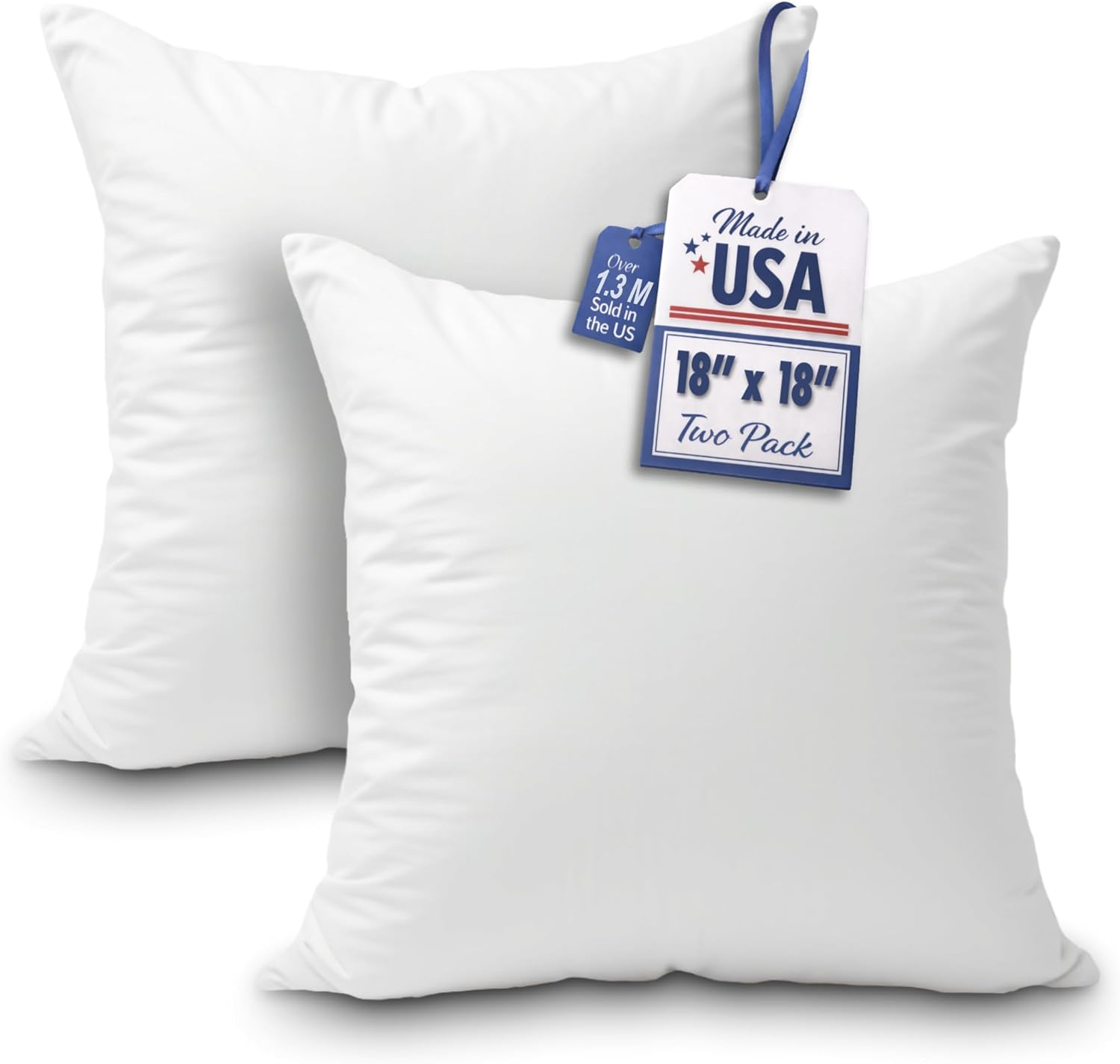 Throw Pillow Insert 18 x 18 inch (Set of 2) Hypoallergenic 100% Virgin Fiber Made in USA Bed, Sofa, Couch Decorative Indoor Pillows