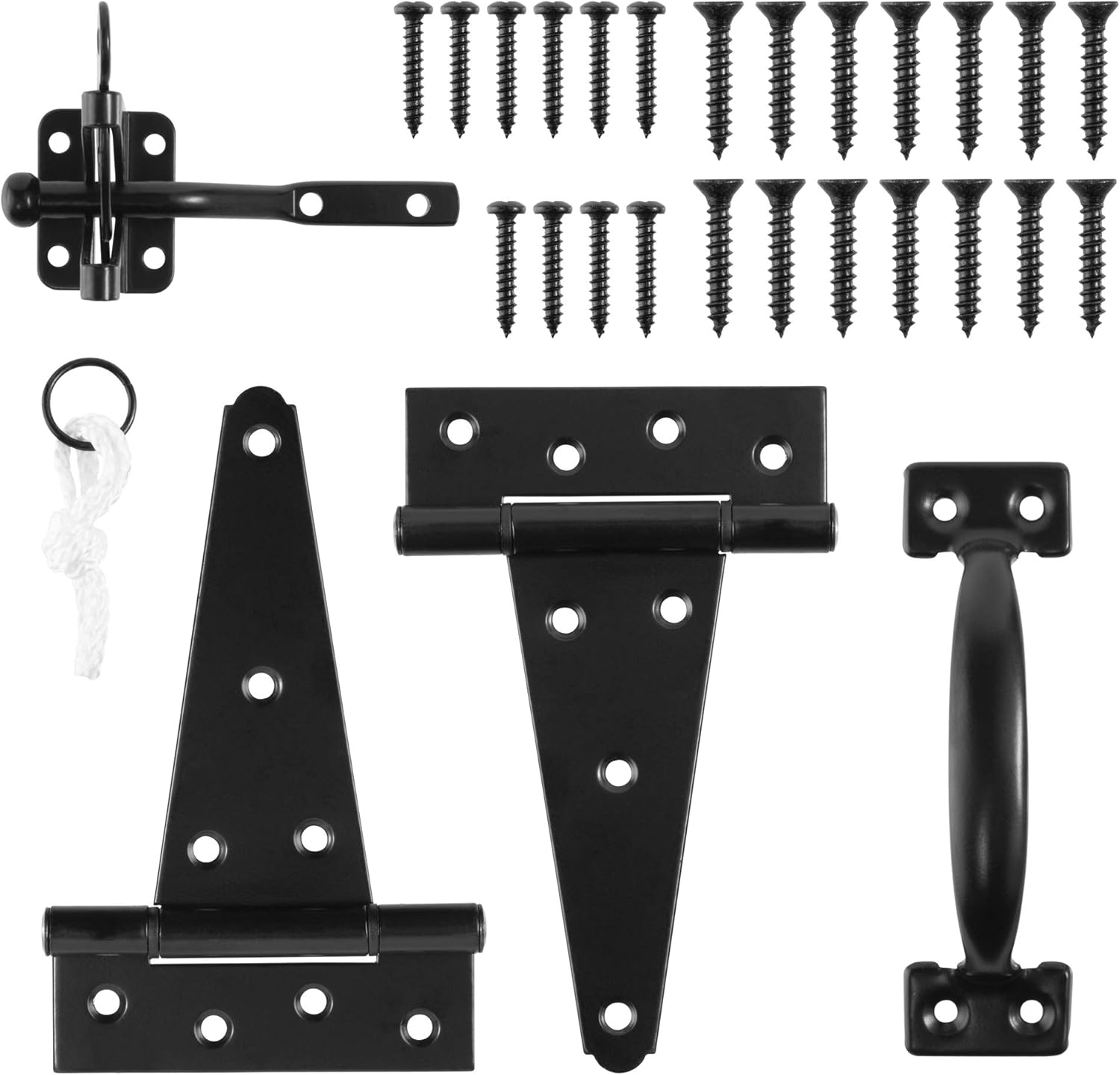 Heavy Duty Gate Hardware Kit,With Self Locking Gate Latch,2 PCS 6Inch T-Hinges,1 PC 6.5Inch Gate Handle