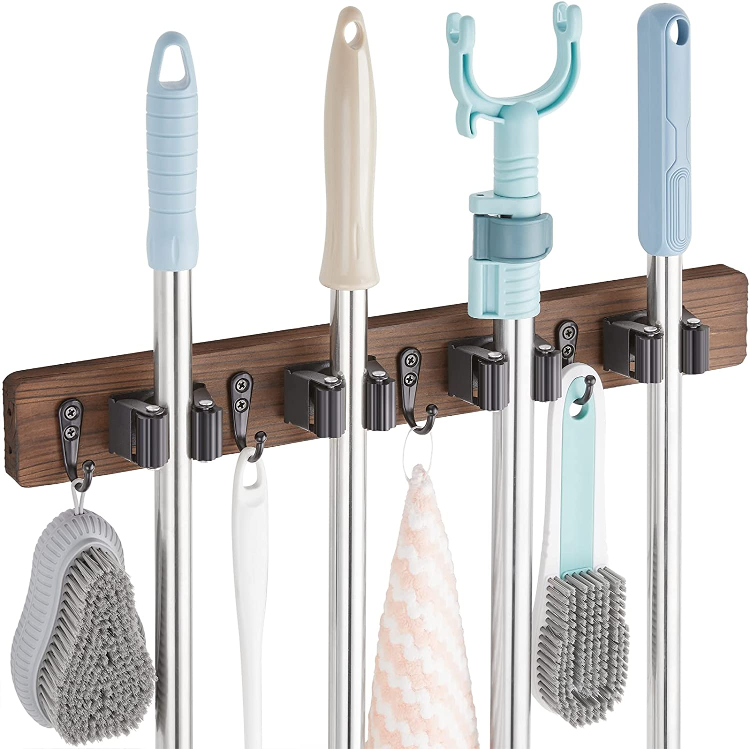 Mop and Broom Holder Wall Mount - Rustic Wood Broom Mop Hanger - Wall Mounted Garden Tool Rack Organizer for Closet Garage Laundry Room Kitchen Decor with 4 Slots & 4 Hooks