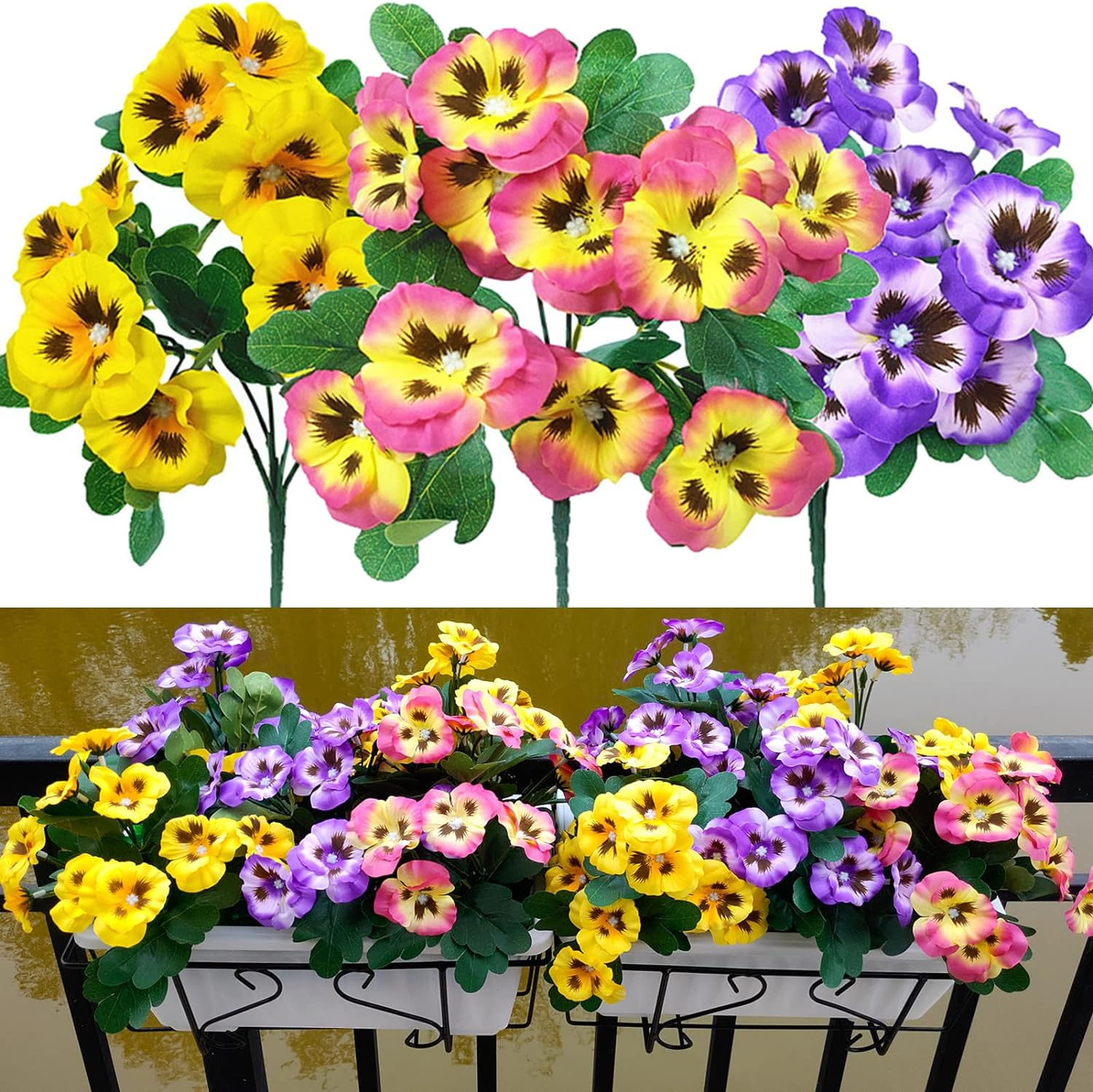 Fake Flowers Pansy African Violets Small Wild Flower Daisy 9 Bundles Faux Plastic Purple Flowers for Home Wedding Kitchen Garden Table Centerpieces Indoor Outdoor Decor (9Pcs Yellow Pink Purple)