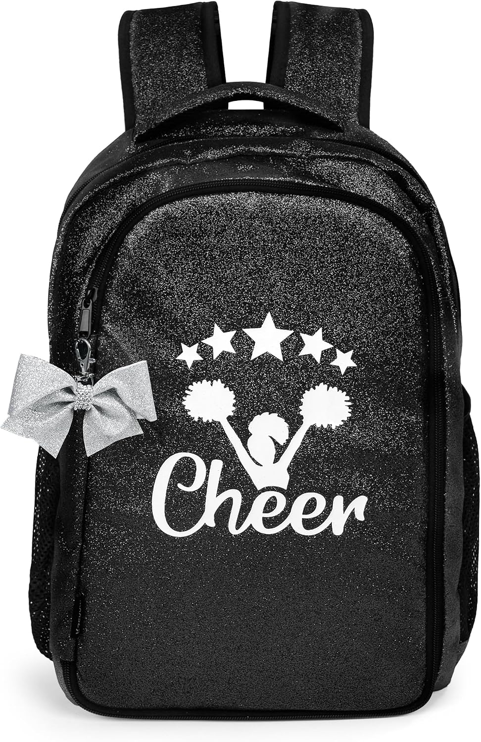 Cheer Backpack with Bow Keychain Glitter Cheerleading Backpack for Girls Cheerleaders Bags Gift for Teen Cheerleaders & Students (Black)
