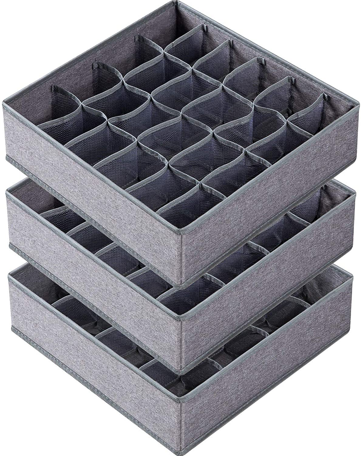 3 Pack Sock Underwear Drawer Organizer Dividers, 64 Cell Fabric Foldable Dresser Organizer for Closet Organizers and Storage Boxes for Organizing Socks, Underwear, Ties (16+24+24 Cell, Gray)