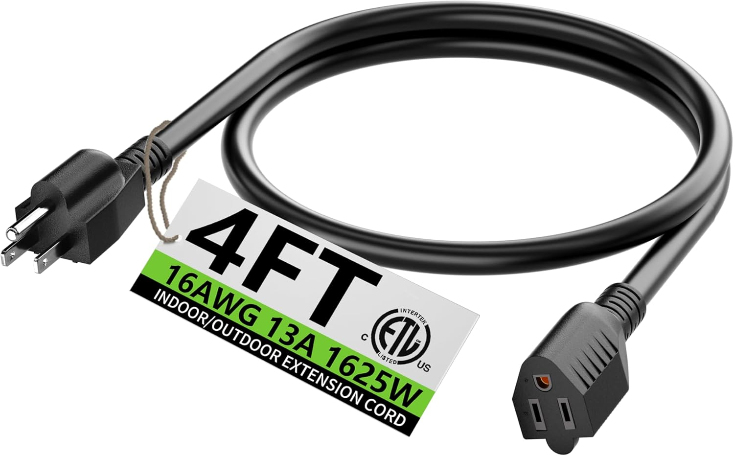 HUANCHAIN 4 FT 16 Gauge Black Indoor Outdoor Extension Cord Waterproof, Flexible Cold Weather 3 Prong Electric Cord Outside, 13A 1625W 125V 16AWG SJTW, ETL Listed