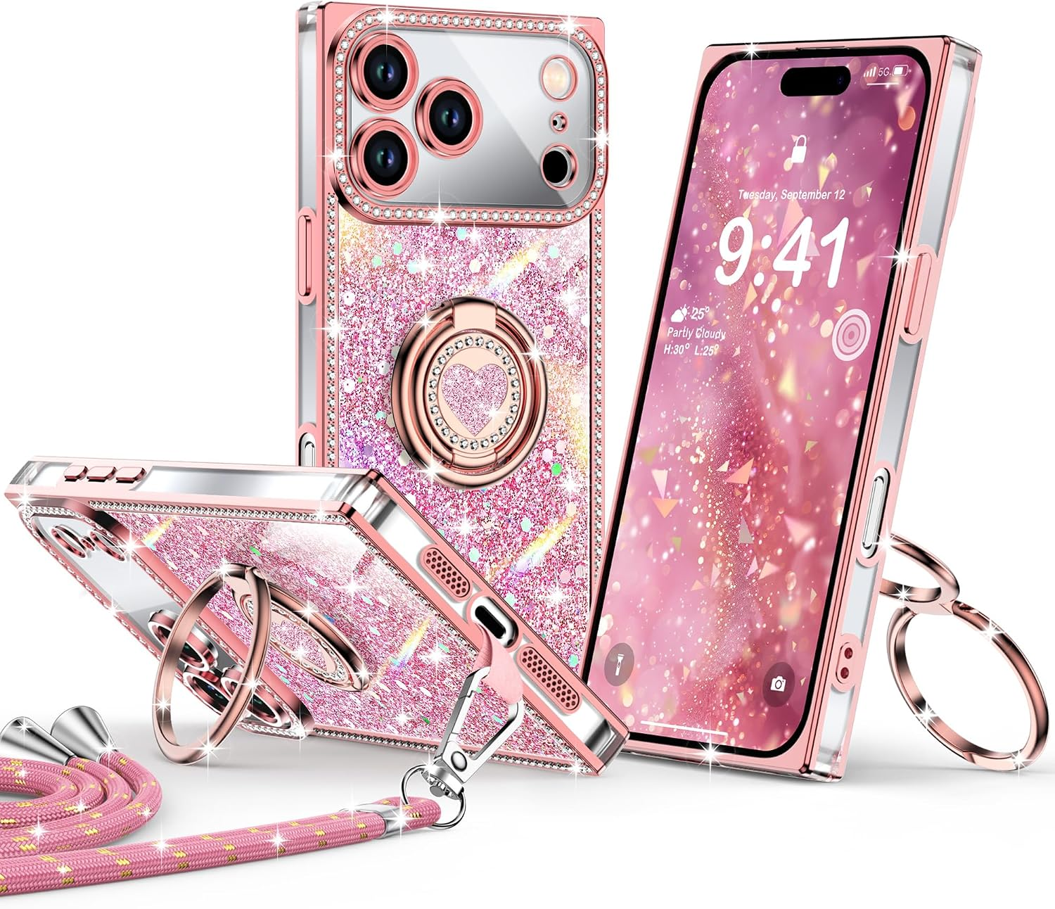 for Iphone 17 Pro Max Case, Glitter Bling Phone Cover with 2-Ring Heart Stand & Lanyard, Women Girls Luxury Rhinestone Shockproof Protective Case for Iphone 17 Pro Max, Pink