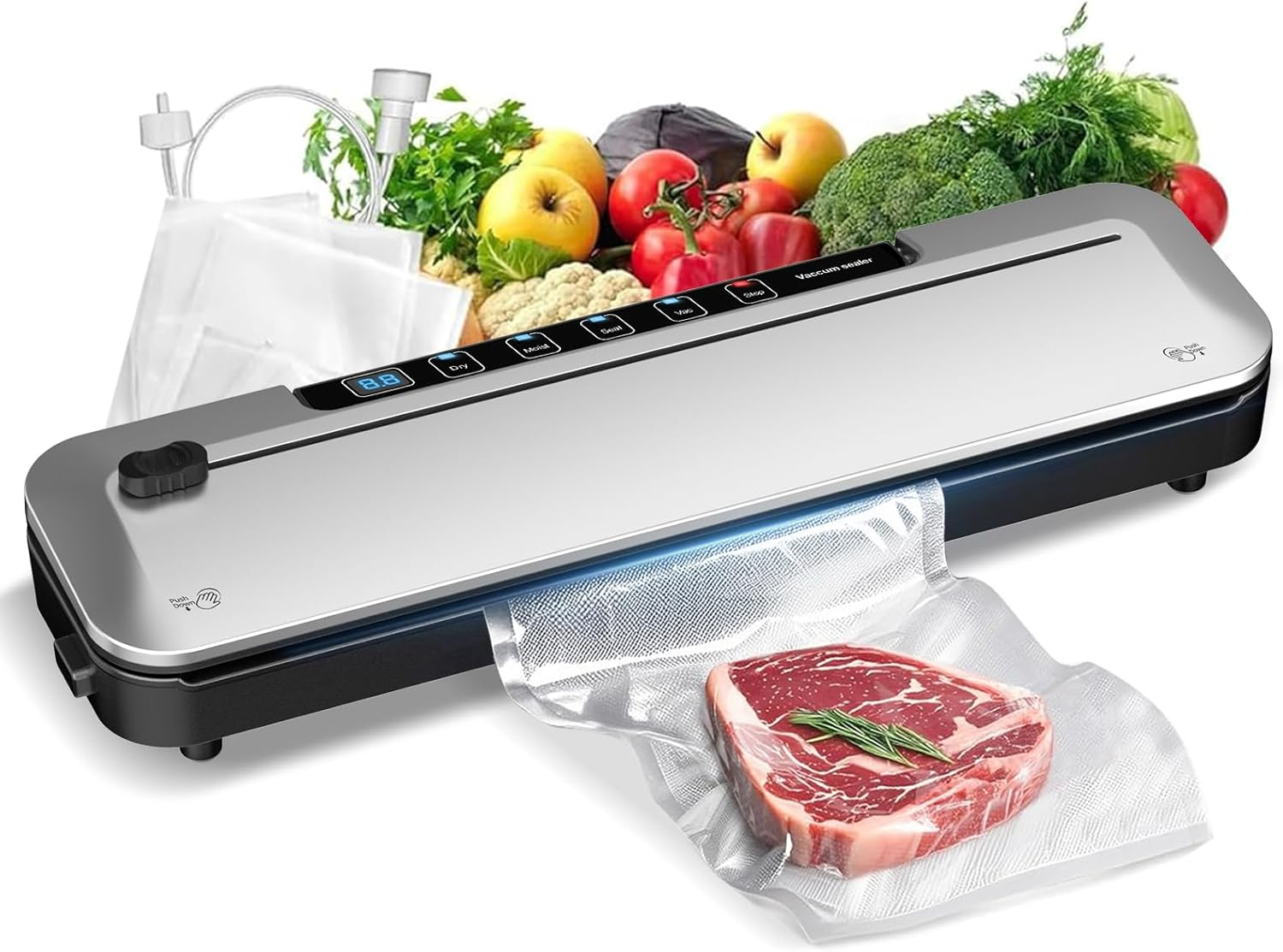 75Kpa Vacuum Sealer,6-In-1 Food Sealer for Freshness Storage,With Digital Timer, Moist/Dry Modes, Built-In Cutter & 10 Vacuum Bags (Silver)