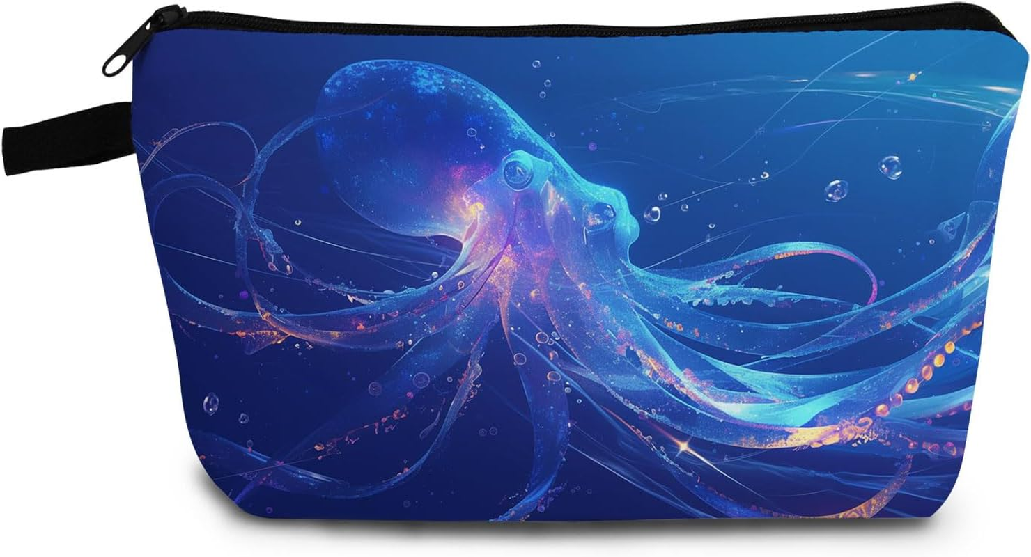 Octopus Print Small Cosmetic Bag | Octopus Toiletry Makeup Purse, Cute Organizer Zipper Pouch, Octopus Birthday Present for Women Friends