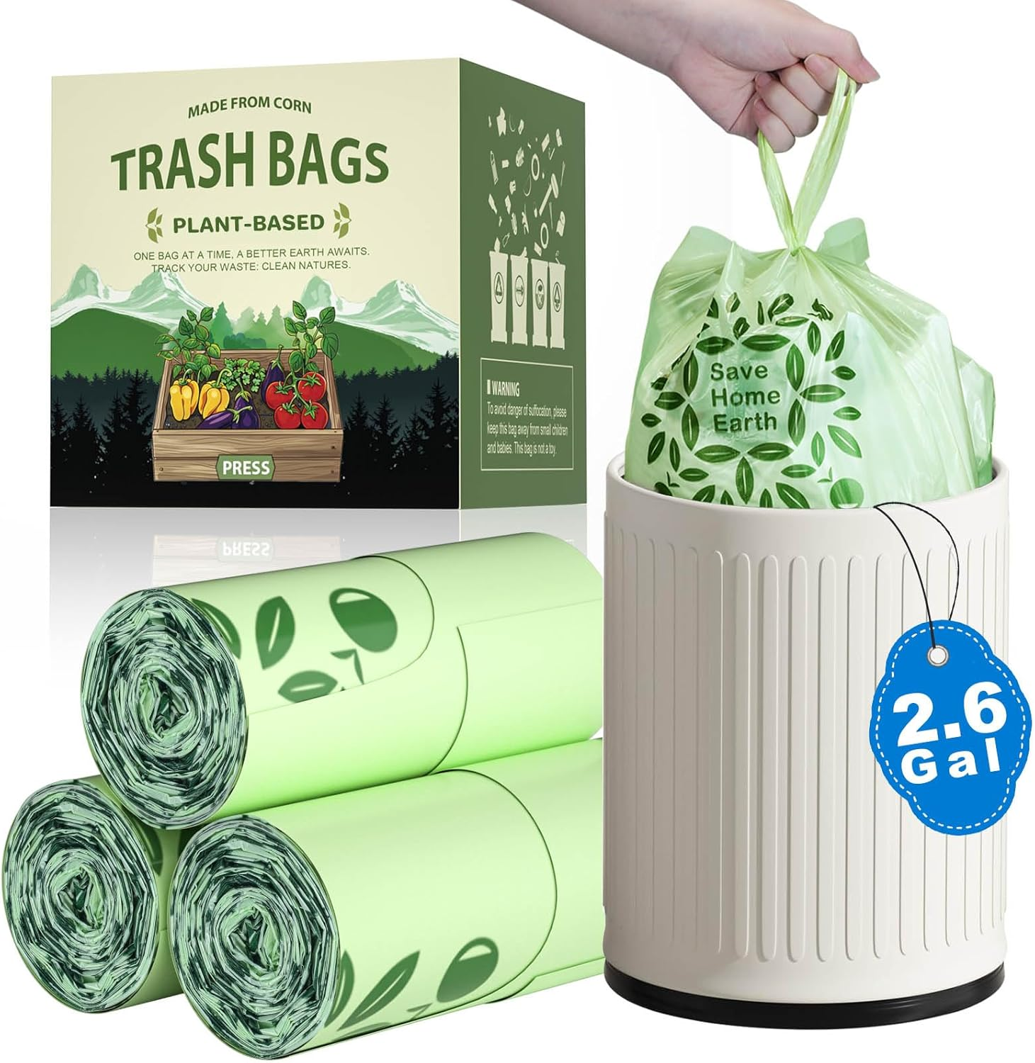 2.6 Gallon Compost Bags with Handle Tie, 75 Count Small Biodegradable Trashbags 2.6 Gallon Trash Bag, Certified by ASTM Standard Mini Compost Kitchen Food Scrap Waste Bags for Compost Bin Green