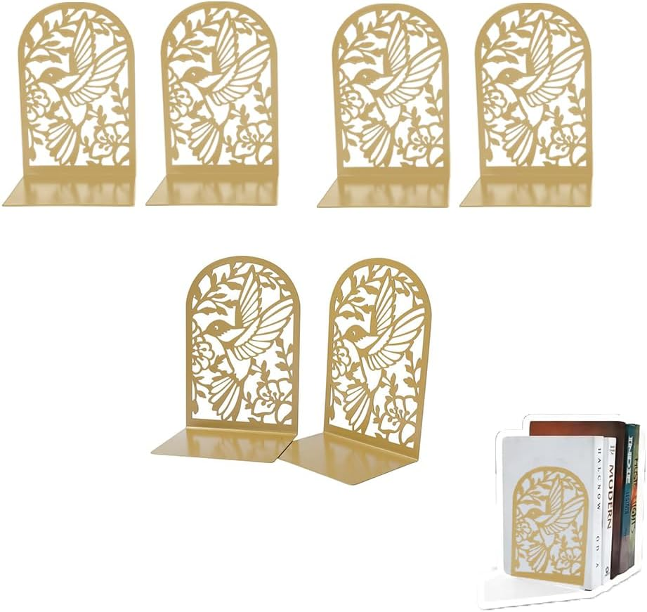 6PCS Hollow Book Ends, Bird Flower Metal Book Stopper for Desk Shelves