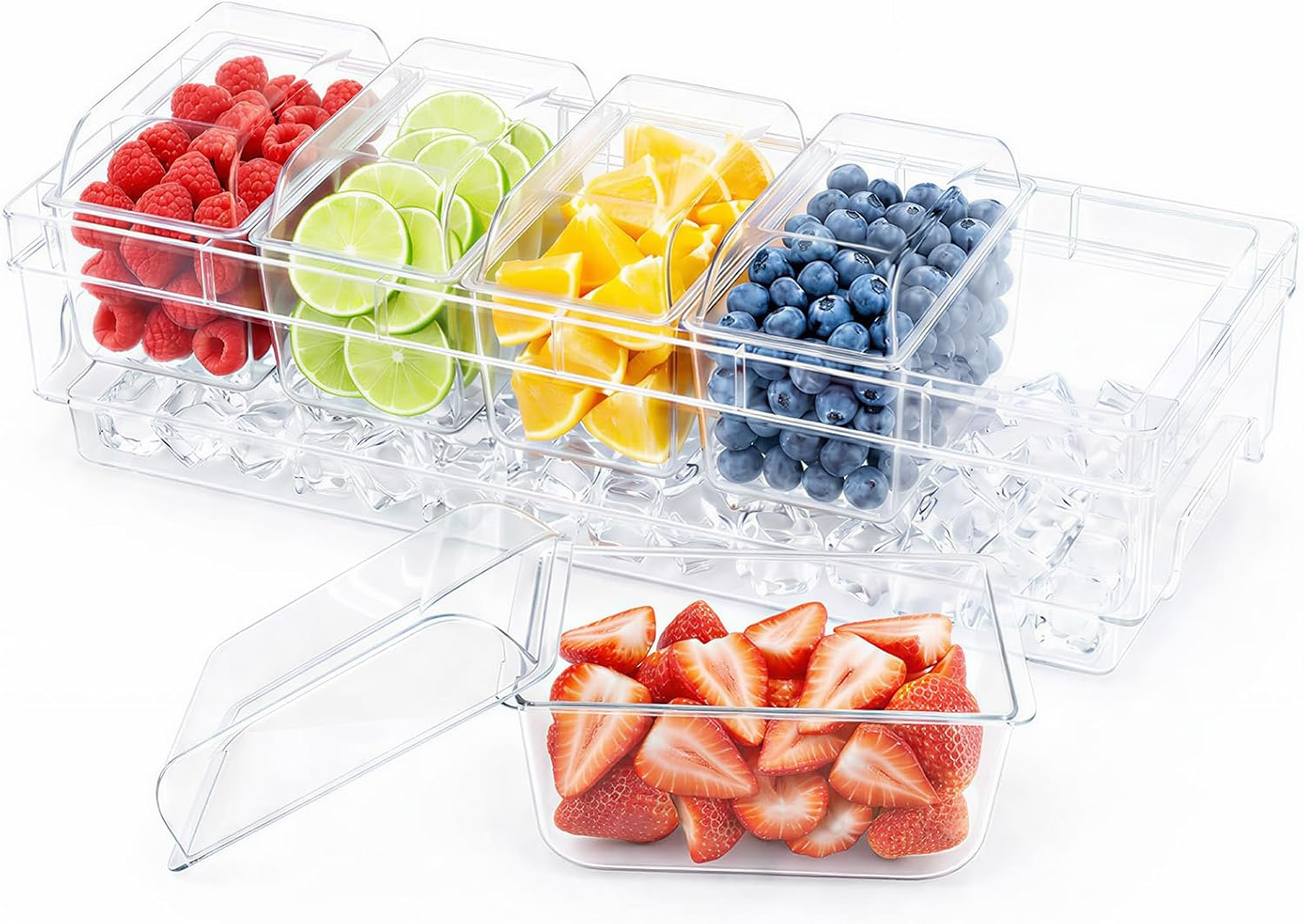 Chilled Condiment Containers with Lids, Plastic Taco Bar Serving Set for Party with 5 Containers, Ice Garnish Tray for Mimosa Bar Supplies, Clear Serving Platter for Fruit, Salad, Snack