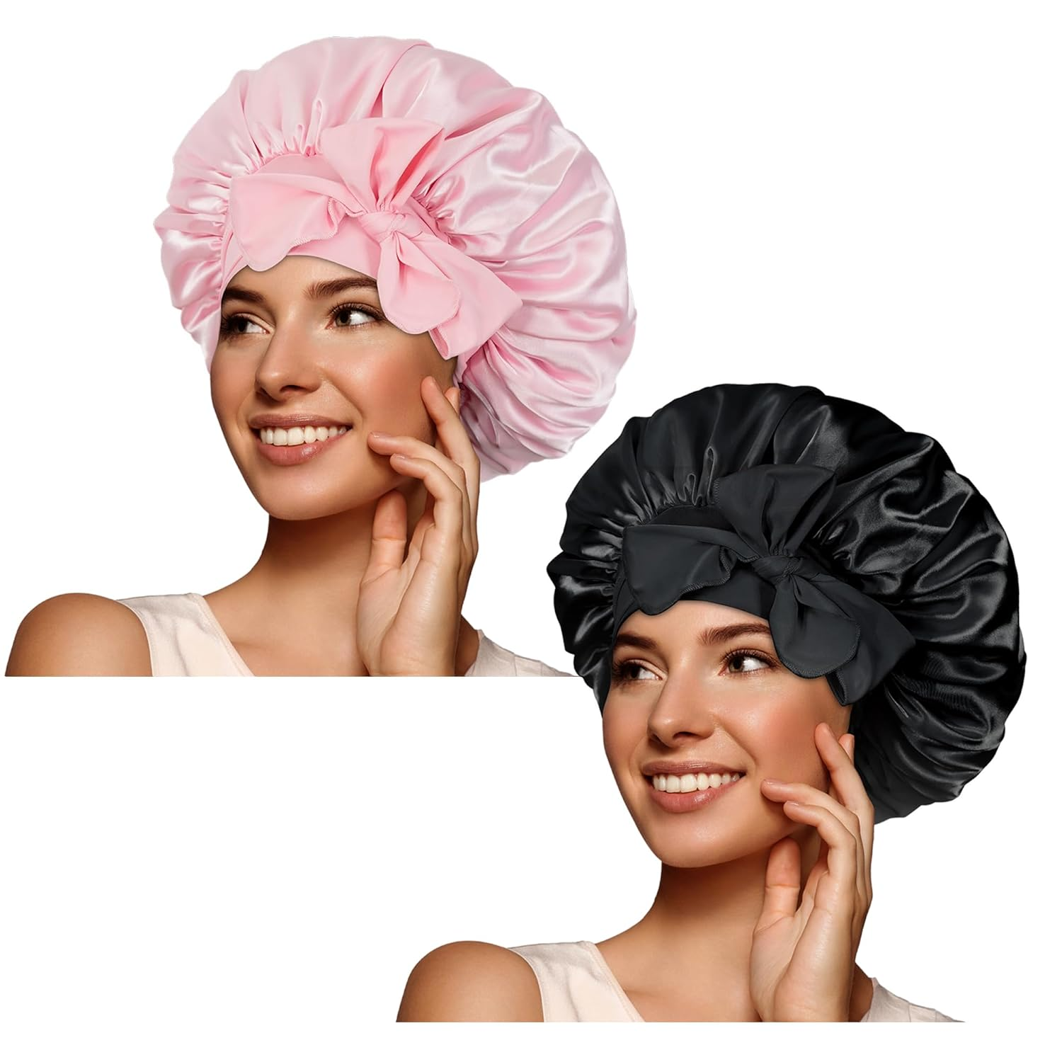 2Pcs Pack Satin Bonnet Silk Bonnet for Sleeping Hair Bonnet with Tie Band Sleep Bonnet Night Cap for Women Curly Hair