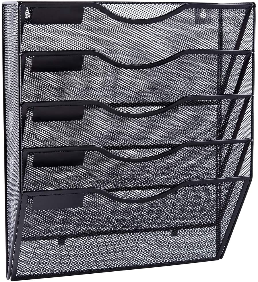 5 Pockets Mesh Wall File Holder Organizer Office Hanging Magazine Rack, Black