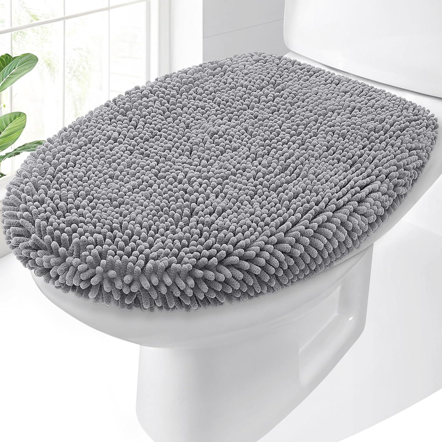 Soft Chenille Bathroom Toilet Lid Cover, Machine Washable Seat Covers, 17.5X15, Stays in Place Rubber Backing, Fits Most Round, Elongated and Oblong Lids, Accessories Decor, Gray