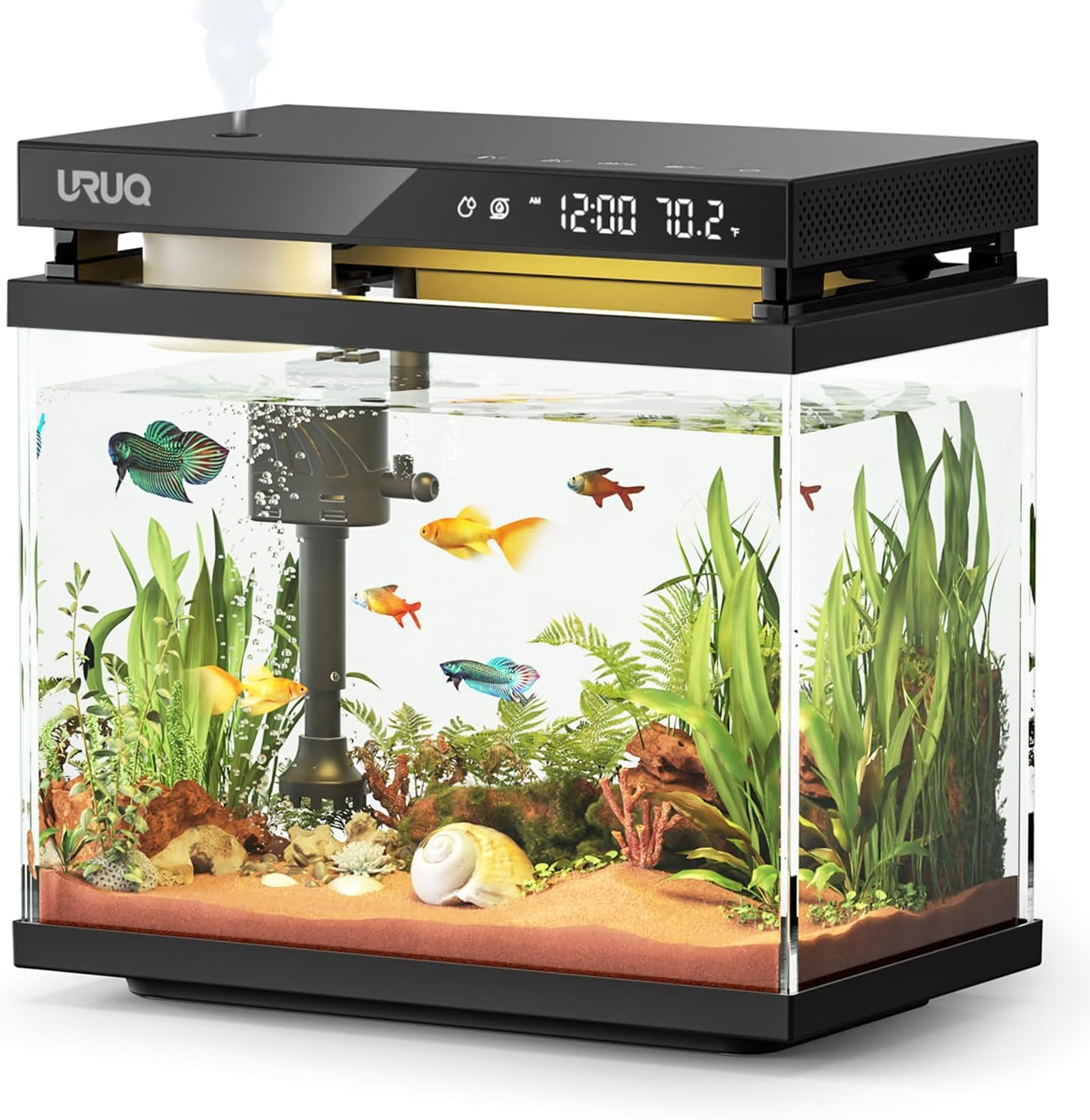 Fish Tank Smart Aquarium Kit: 2 Gal UHD Glass Silent Water Pump Self Cleaning System Temperature Monitoring Essential Oil Diffuser with Humidifier 7 Color Lights Multi-Layer Filtration System - Black