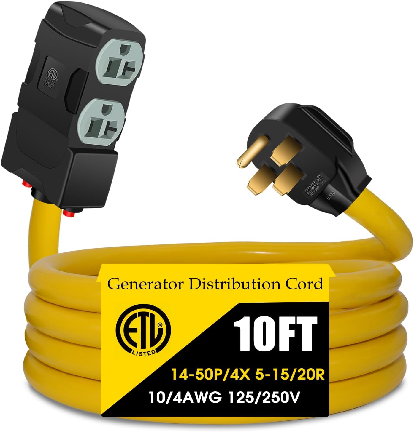 50 Amp to 20 Amp 110V RV Distribution Adapter, NEMA 14-50P to 4 X 5-20R/15R RV Generator Distribution Cord, Built-In Circuit Breaker, ETL Listed (10FT)