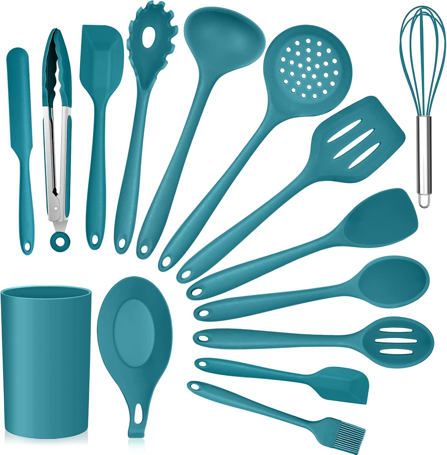 Teal Blue Kitchen Utensils Set, E-Far 15-Piece Silicone Cooking Utensils with Holder, Non-Stick Cookware Friendly & Heat Resistant, Includes Ladle Spatula Spoon Slotted Turner for Cooking & Baking