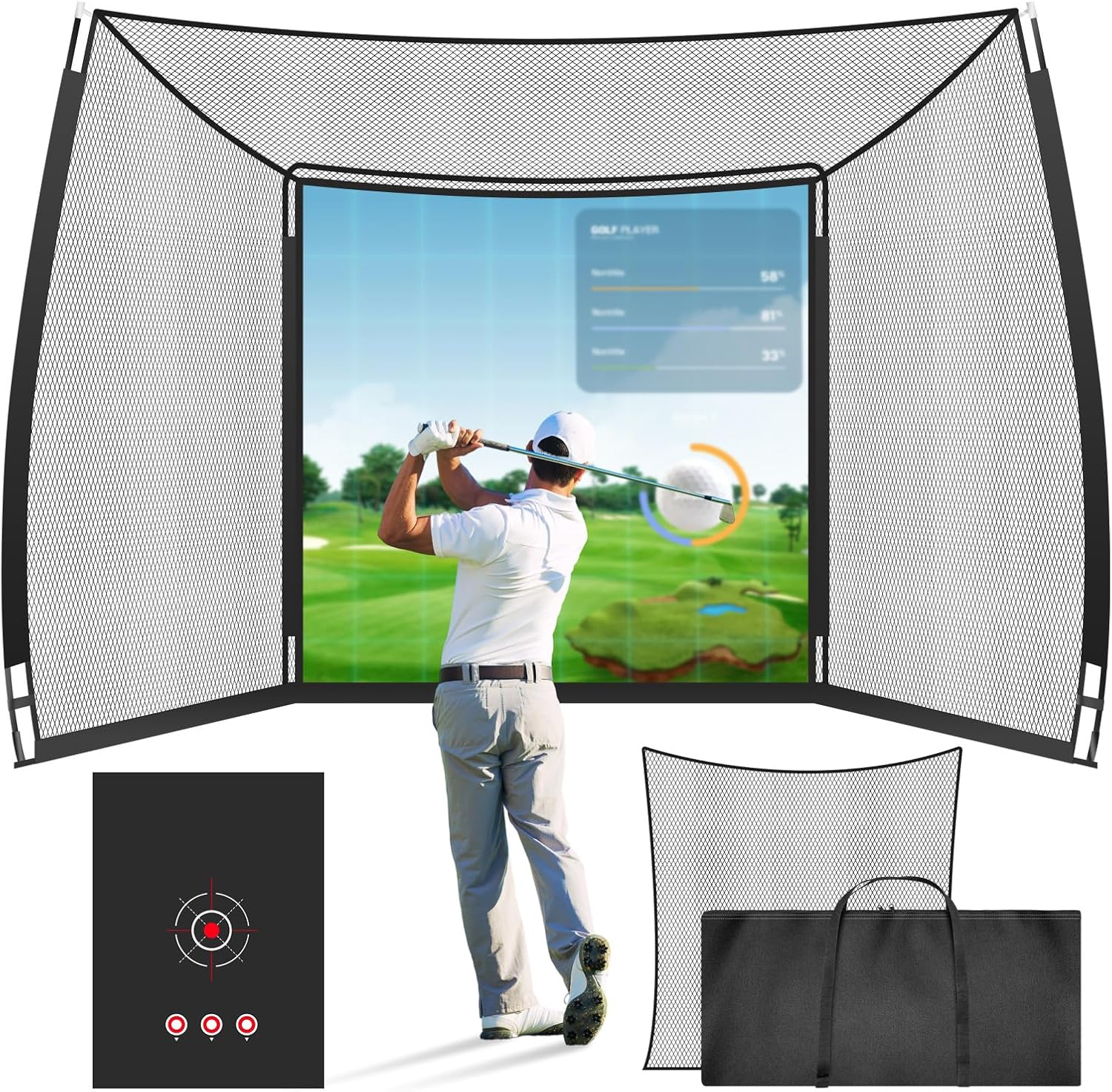 Golf Cage Net with Simulator Impact Screen, 10 X 8 Ft Golf Hitting Cage with Side Enclosure and Top Net Extra Striking Netting Hd Impact Screen Target Cloth Set for Home Indoor Outdoor