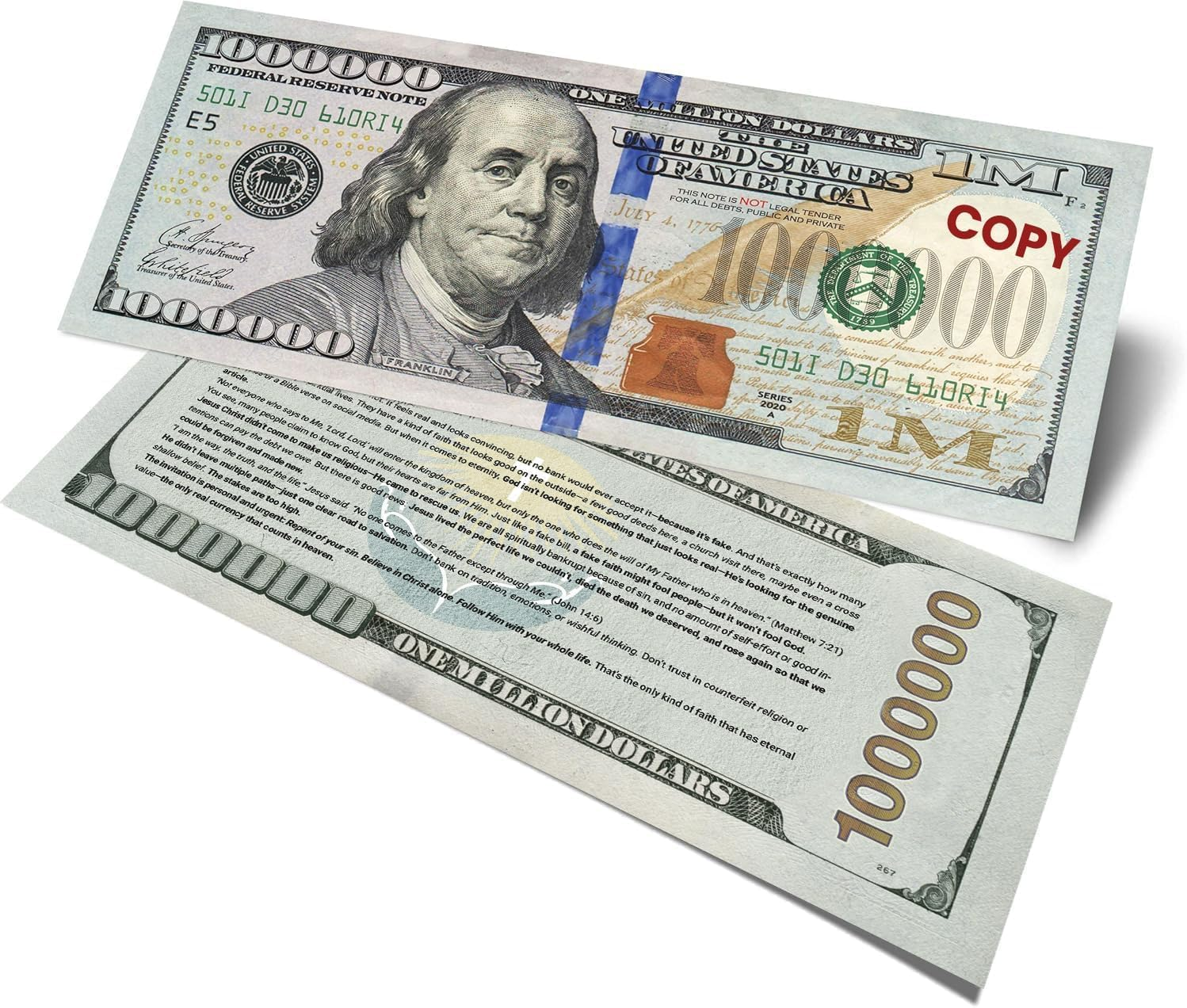 Million Dollar Bill Gospel Tracts for Christian, Evangelism, Halloween, Bible Salvation Tracts, Gospel Zero, Church Visitor Cards, 100PACK