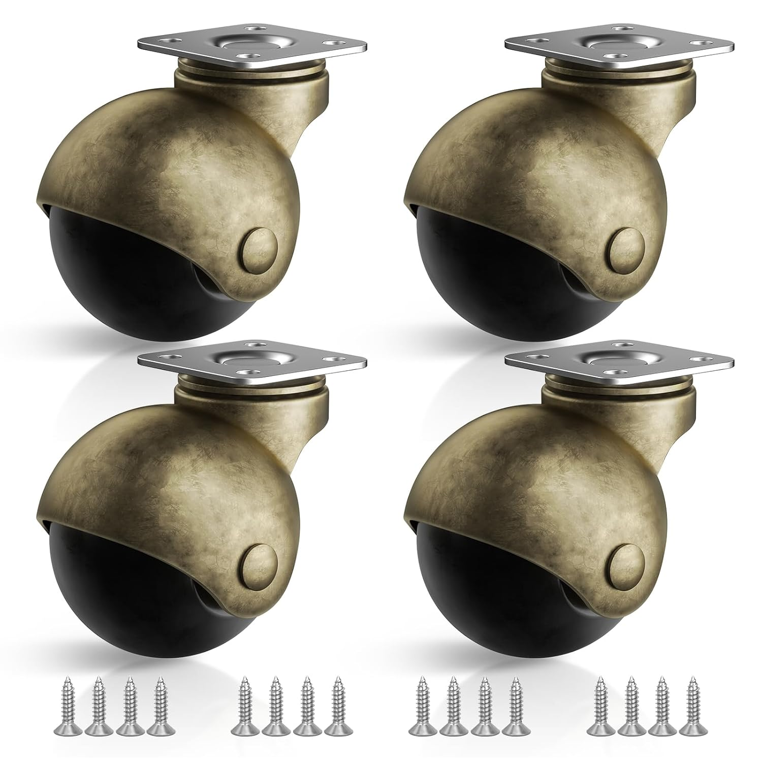 Furniture Wheels 4 Pack, 1.5 Inch Ball Caster Wheels, Brass Casters Set of 4, Plate Swivel Small Castors for Furniture, Kitchen, Cabinet, Table, Max Load Capacity 200 Lbs(With Screws)
