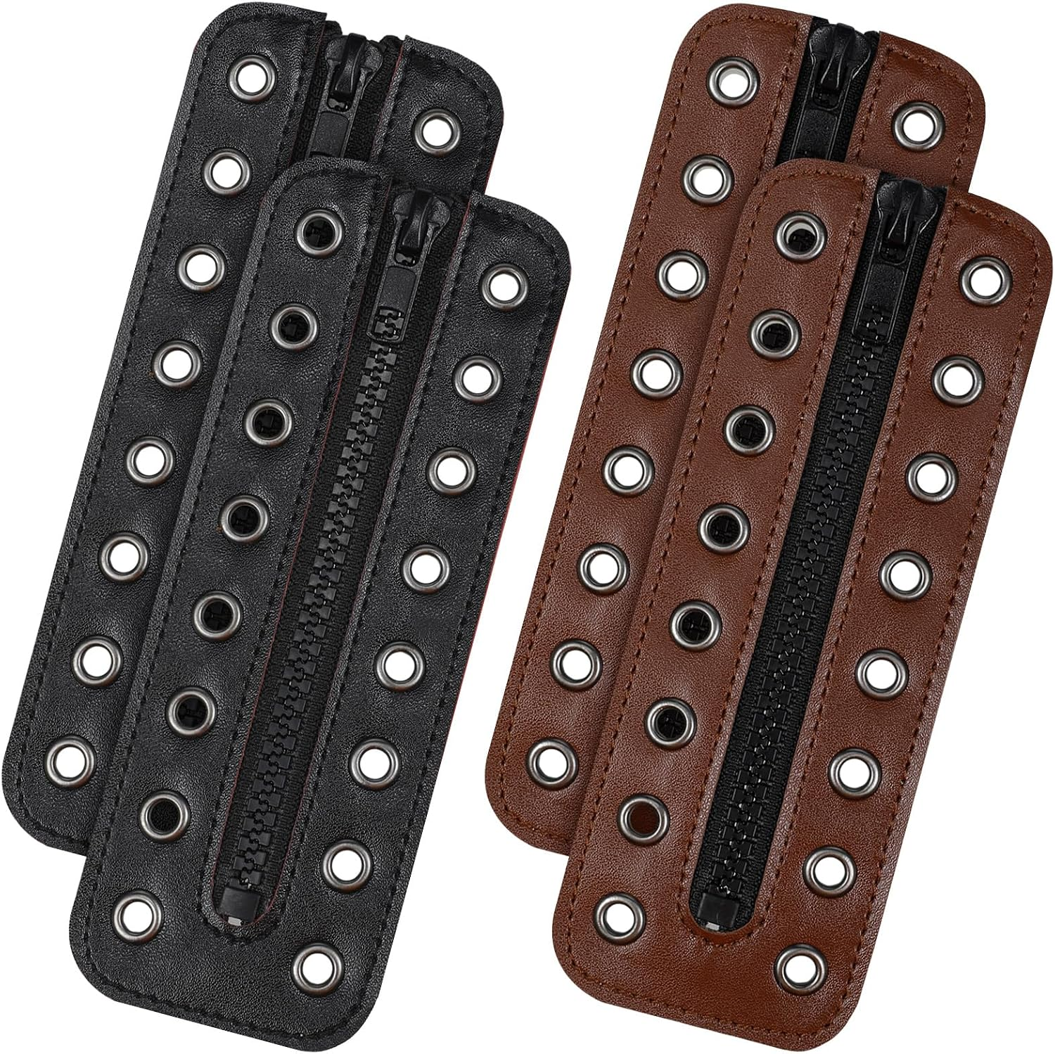 4 Pcs PU Leather Boot Zipper Inserts - Tieless Lace up Zipper Laces 8 Eyelet for Boots and Shoes, Black and Brown